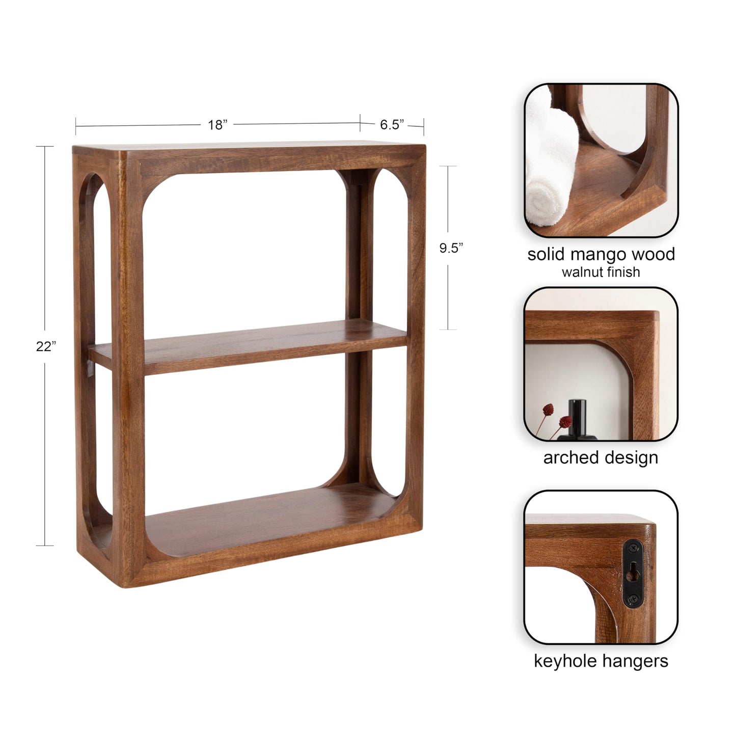Kate and Laurel Dahl Modern Mango Wood Tiered Wall Shelf, 18 x 7 x 22, Walnut Brown, Decorative Over the Toilet Shelf for Use as Bathroom Storage or Living Room Display Shelving