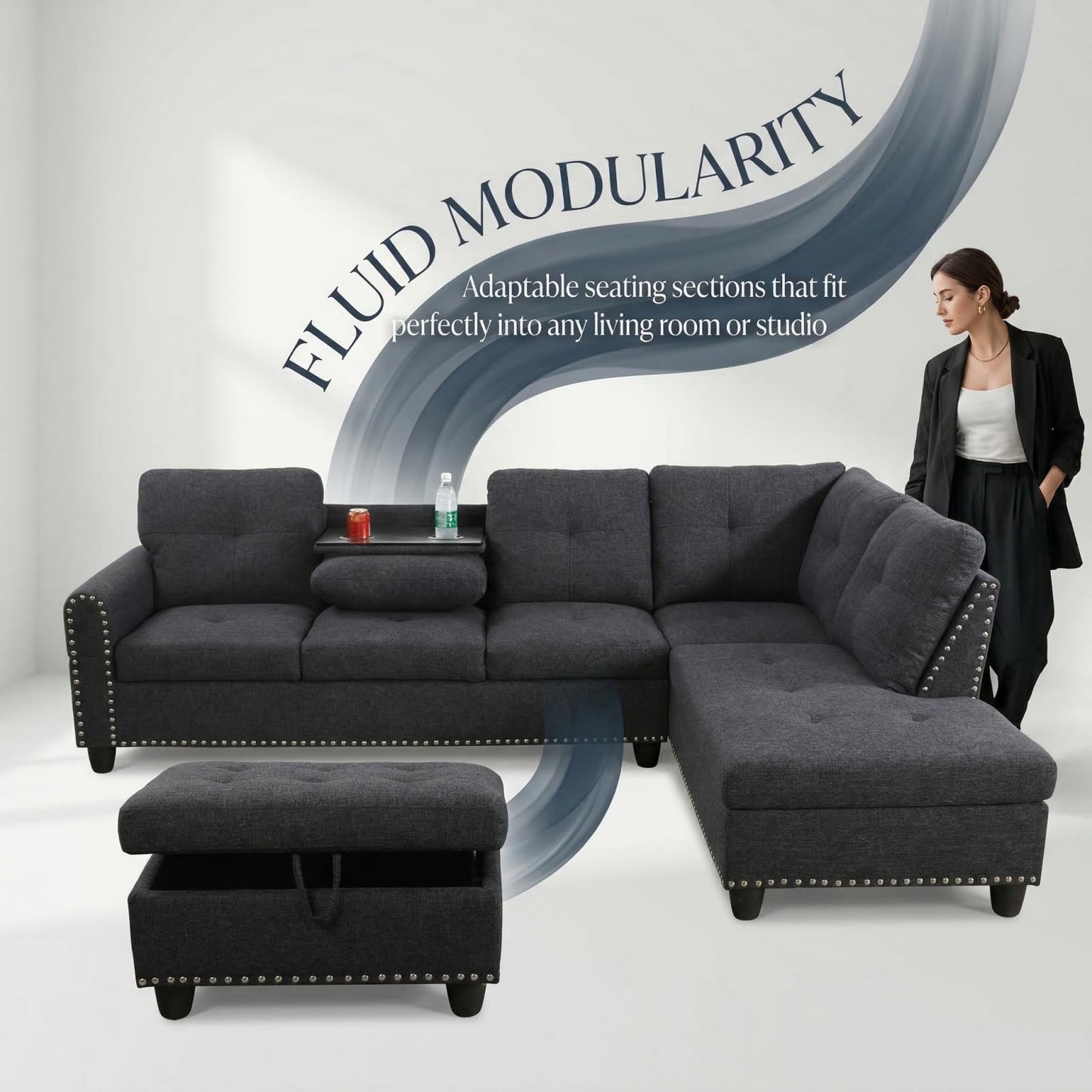 Trygoal L-Shape Sofa with Storage Ottoman & Reversible Coffee Table, Linen Sectional Couch with Right Chaise, 3-Piece Sofa Set for Living Room, Upholstered Couch Set with Solid Wood Frame, Black Grey