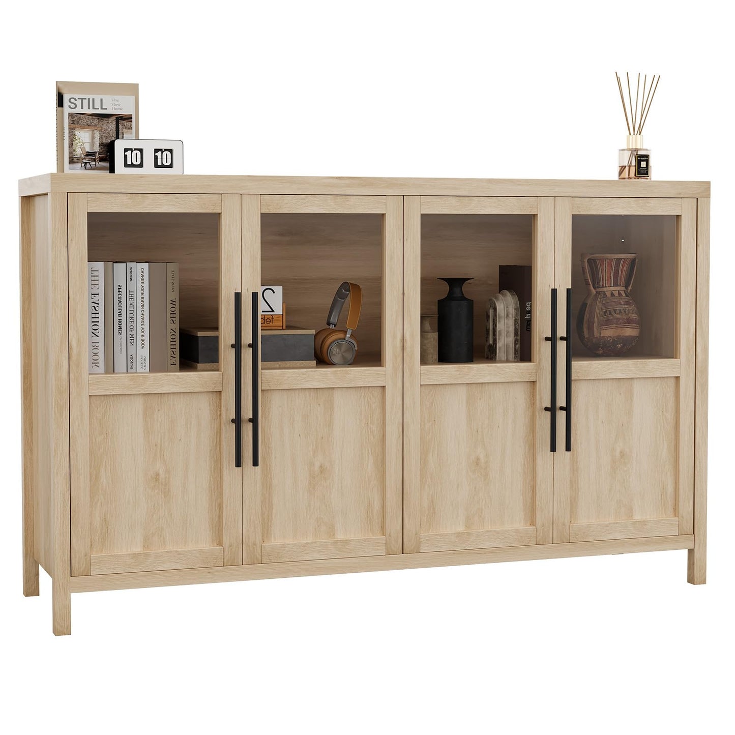 GarveeLife Sideboard Buffet Cabinet with 4 Glass Doors, 55 Inch Coffee Bar Wine Display Cabinet, Modern Storage Console for Kitchen Dining Room Living Room, Natural