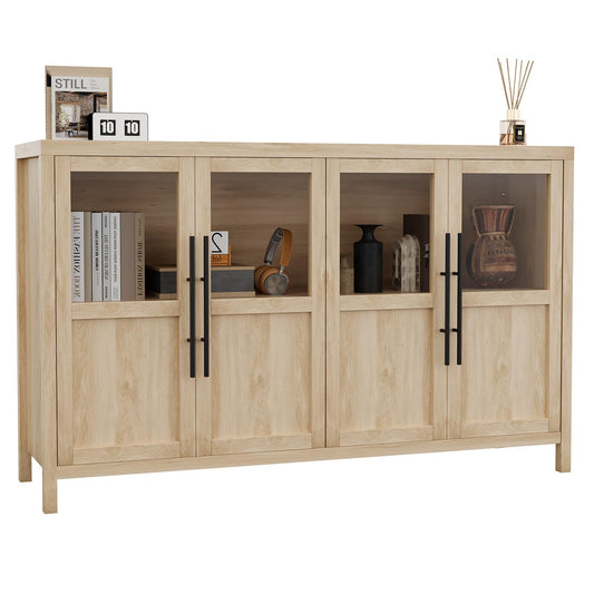 GarveeLife Sideboard Buffet Cabinet with 4 Glass Doors, 55 Inch Coffee Bar Wine Display Cabinet, Modern Storage Console for Kitchen Dining Room Living Room, Natural