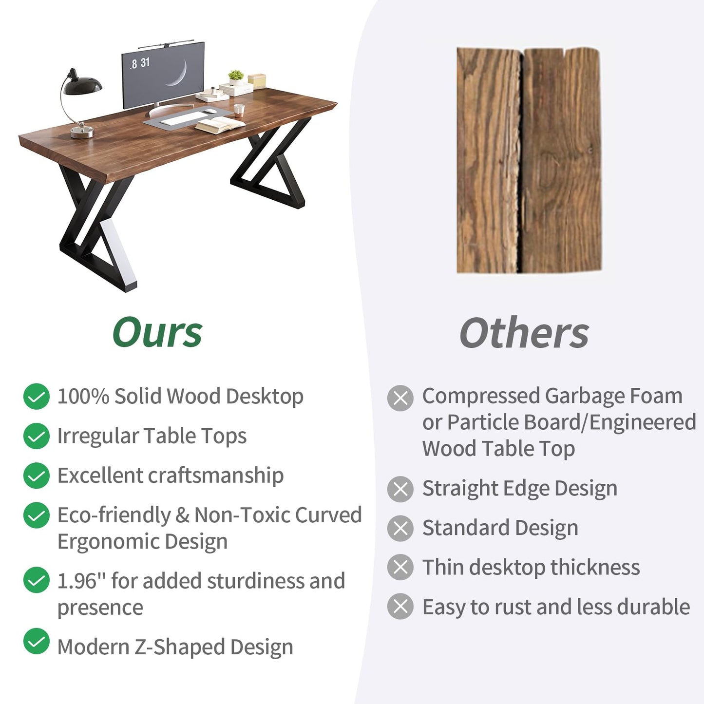 SXXjiaju Solid Wood Desk 63 Inches, Live Edge Wooden Home Office Computer Desk Metal Frame Modern Simple Design Executive Real Wood Desk for Writing Study Dining Gaming