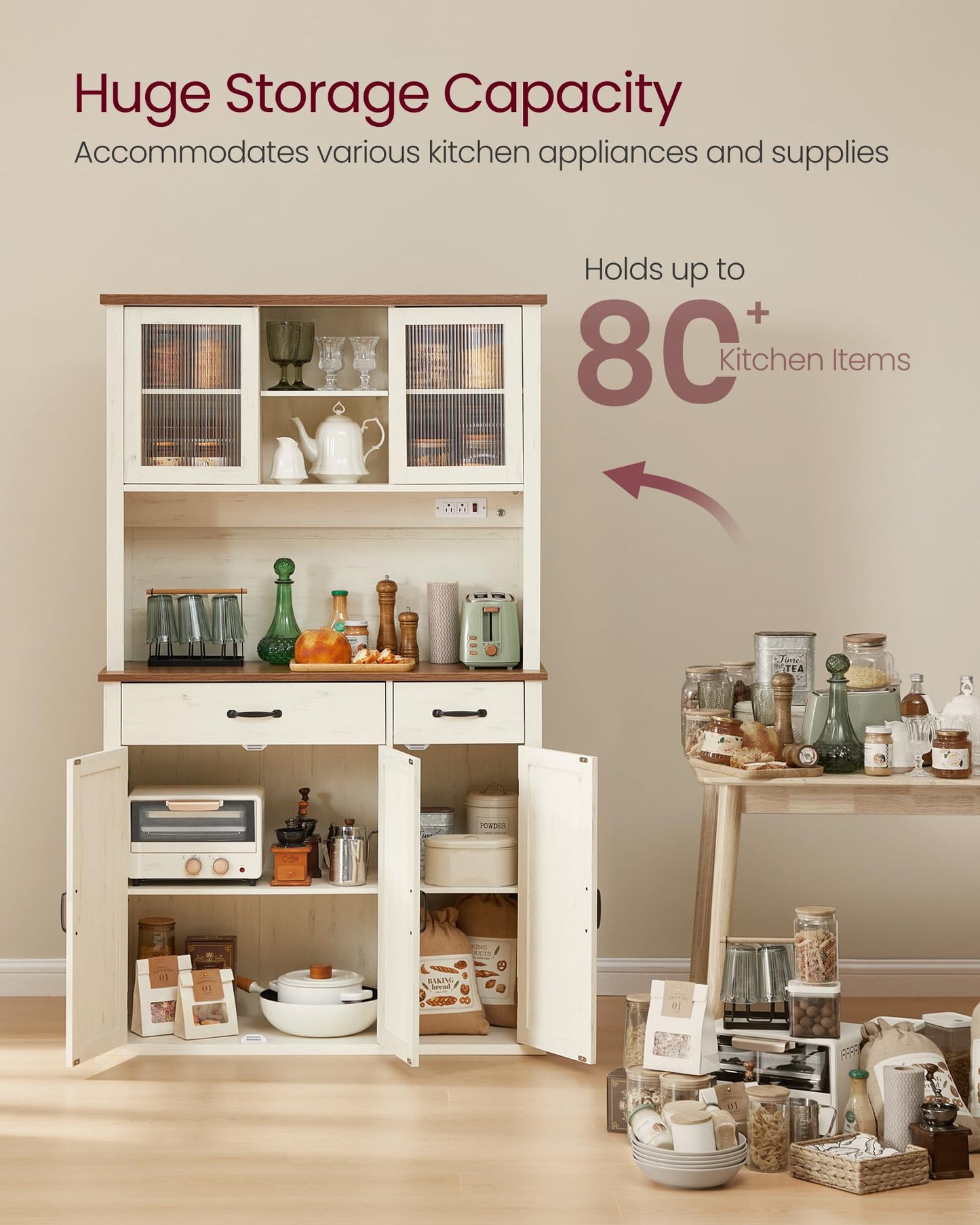 VASAGLE Pantry Cabinet with Lights and Charging Station, Kitchen Storage Cabinet with Doors and Drawers, 15.6 x 41.9 x 71.1 Inches, Adjustable Shelves, Farmhouse Style, Rustic White UBBK391W01