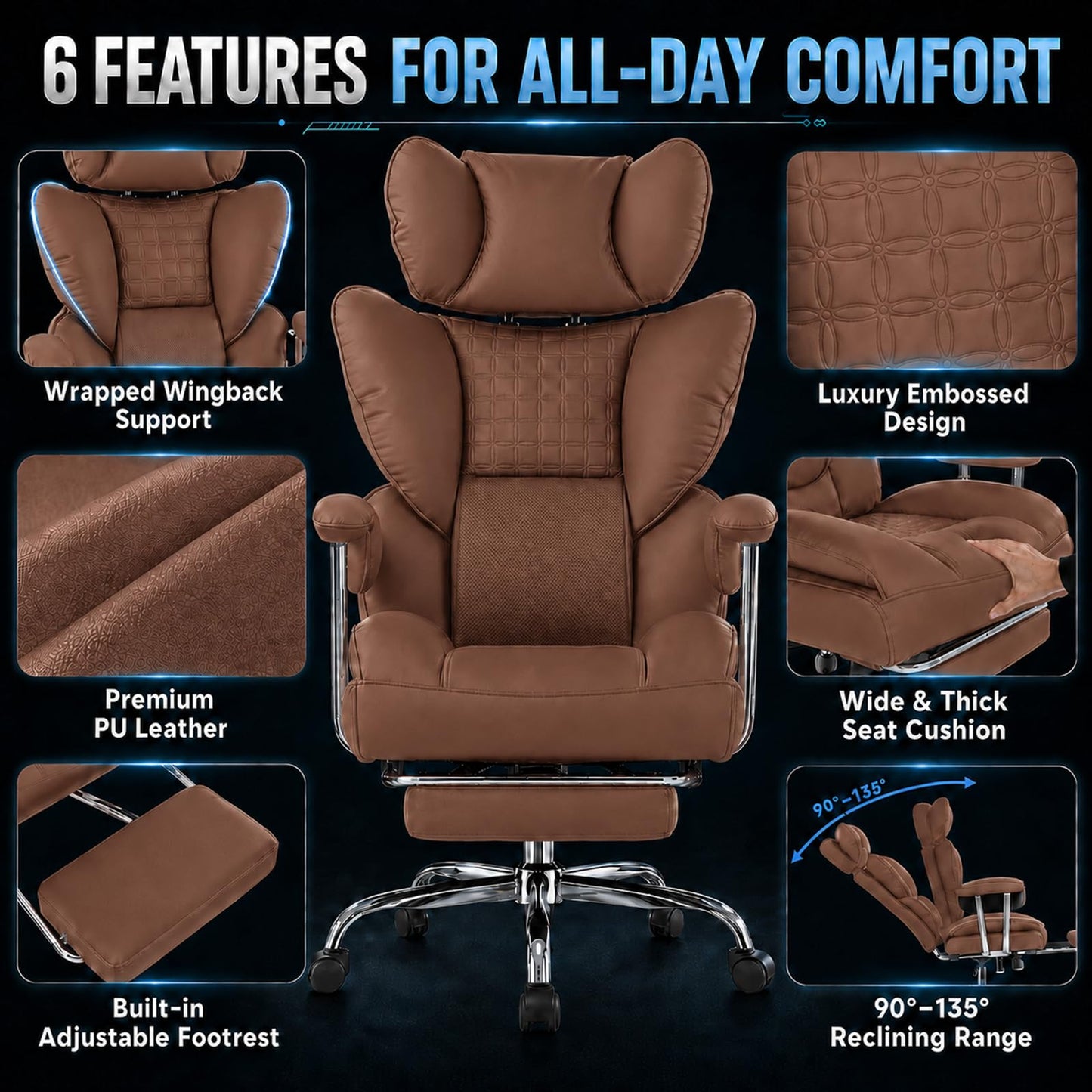 Big and Tall Office Chair 350 LBS, Scratch-Resistant PU Leather Executive Office Desk Chair with Footrest, Ergonomic Reclining Computer Chair with Pocket Spring Support for Home Office, Brown