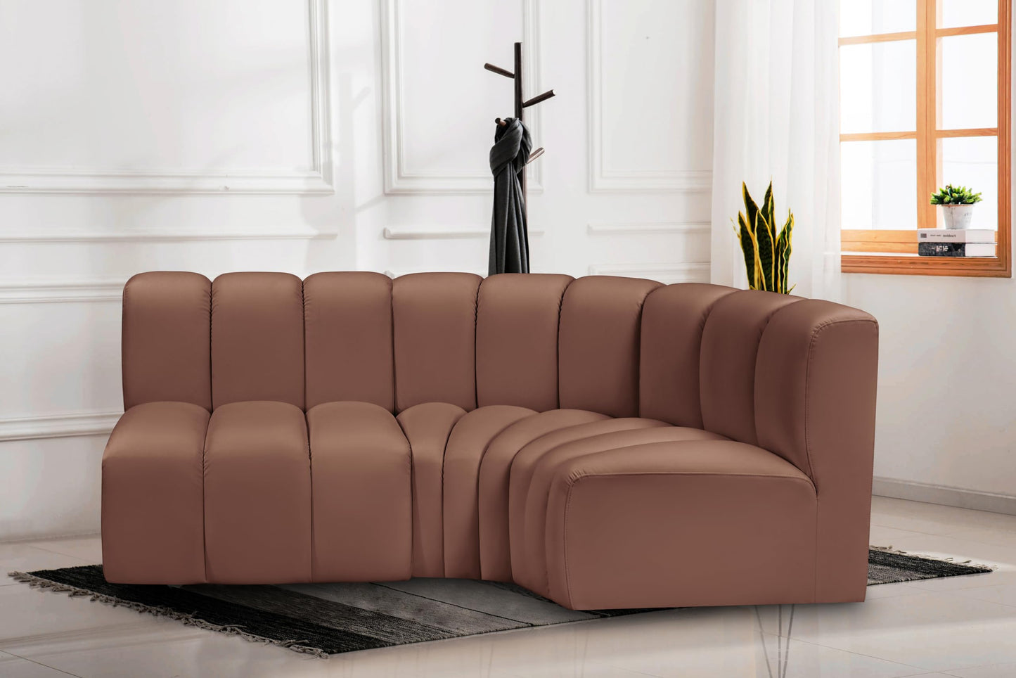 Meridian Furniture 101Cognac-S3A Arc Collection Modern | Contemporary Modular Sofa with Soft Cognac Vegan Leather, Deep Channel Tufting, Modular Design, 84" W x 39" D x 30" H, Cognac