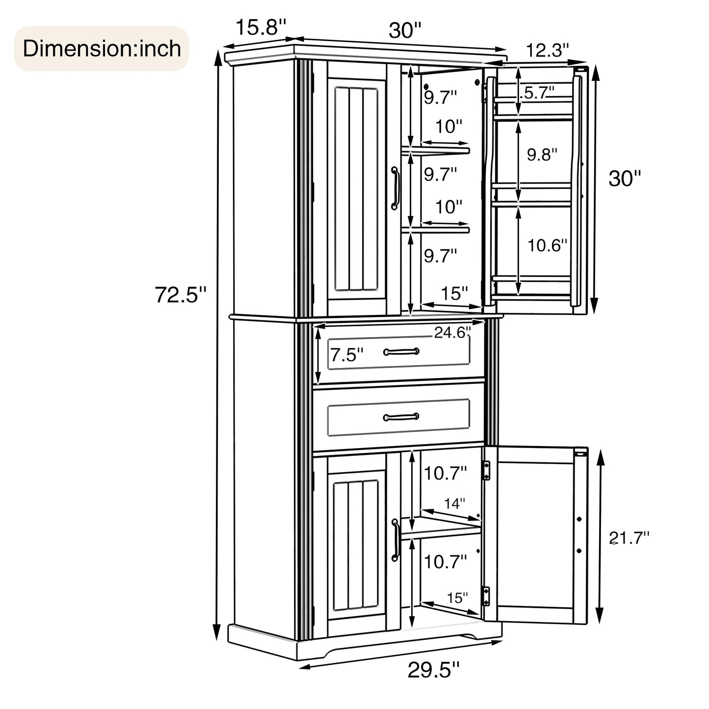 Merax 72.5" Tall Kitchen Pantry Storage Cabinet, Farmhouse Freestanding Large Cupboard with Two Drawers, Bathroom Cabinet with Adjustable Shelves, 6 Door-Shelf for Dining Room, Black