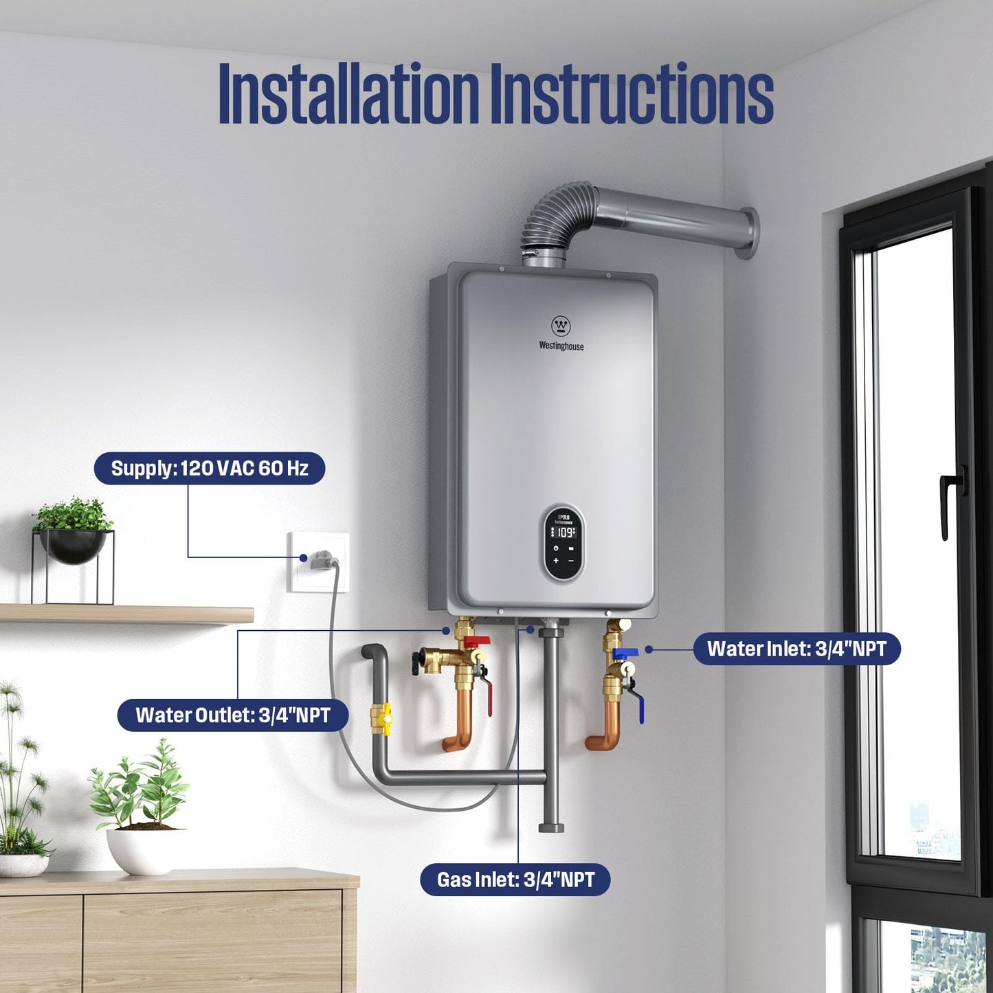 Westinghouse Tankless Water Heater Gas, 5.1 GPM 120,000 BTU Indoor Natural Gas Heater Whole House, Smart WiFi&App Control, CSA Certified, ±1°F Temperature Stability, Non-Condensing for 2-4 Fixtures