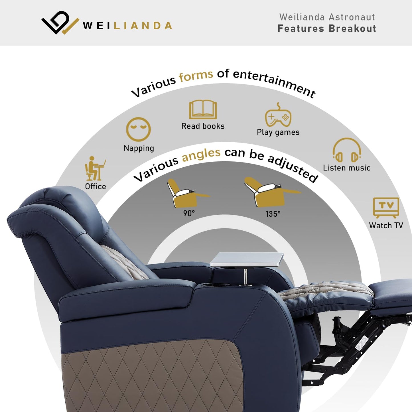 Weilianda Home Theater Seating, Top Grain Leather Zero Gravity Recliner Chair, Power Headrest Recline Movie Seat Gaming 7 Colors Mood Light Sofa with Tray Table Row of 1 Blue Grey