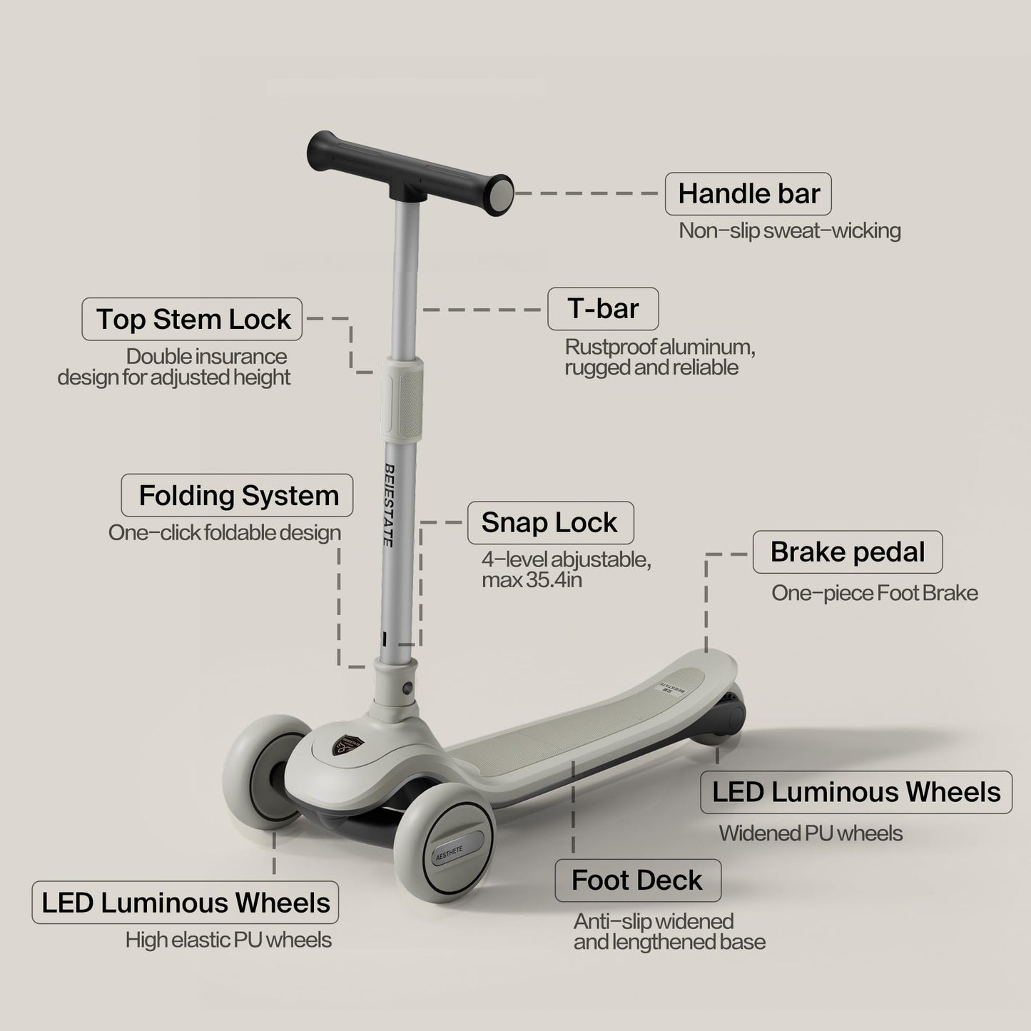 BEIESTATE 3 Wheel Scooter for Kids Ages 3-18, Up to 220 Lbs, Kids Scooter with Adjustable Lean-To-Steer Switch, Foldable, Lightweight, Wide Anti-Slip Deck, Adjustable Height Handlebar, Light-Up Wheels