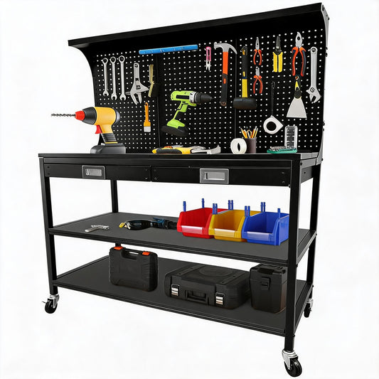 OUTLANE Heavy Duty Steel Workbench 48" x 22" - 2 Drawers, Pegboard with Hooks, 3-Tier Storage Shelves, Wheels - Multifunctional Work Table for Garage, Workshop, Warehouse - Color: Black