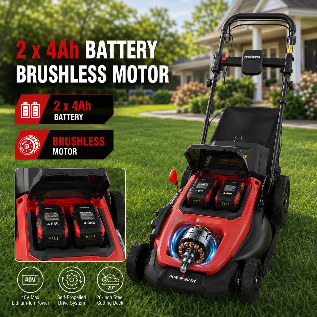 20" Self Propelled Cordless Lawn Mower,40V 2x4.0 Ah Battery Lawn Mower with Dual Battery Slots & Steel Deck, 3-in-1 Walk-Behind Mower (Bagging/Mulching), Space Saving Foldable