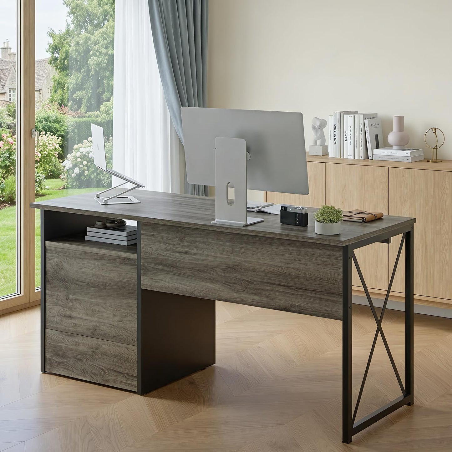 Bestier Office Desk with Drawers, 55 inch Industrial Computer Desk with Storage, Wood Teacher Desk with Keyboard Tray & File Drawer for Home Office, Dark Gray Oak
