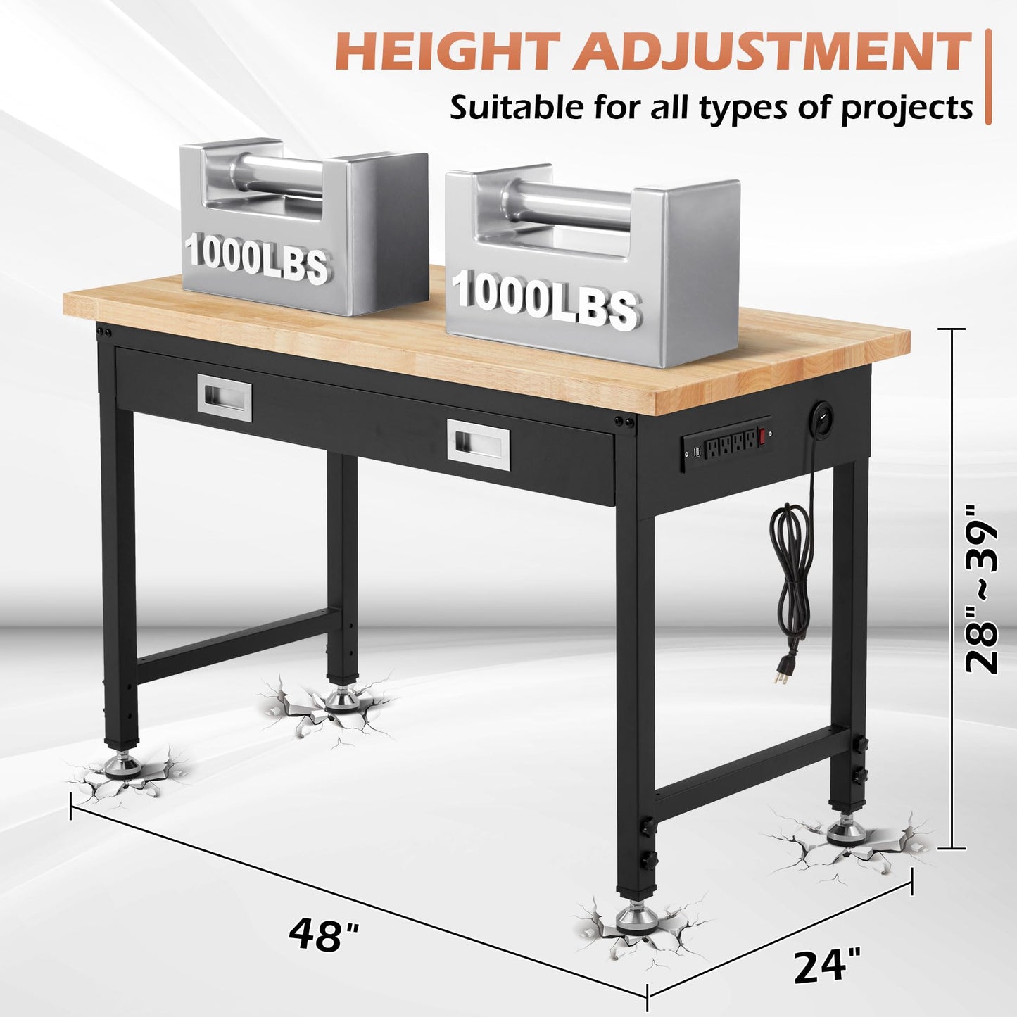 Antifir 48” Adjustable Workbench with Drawer Storage, 2000 LBS Load Capacity Heavy Duty Workstation with Power Outlets, Rubber Wood Top Worktable for Garage, Office,Workshop, Commercial