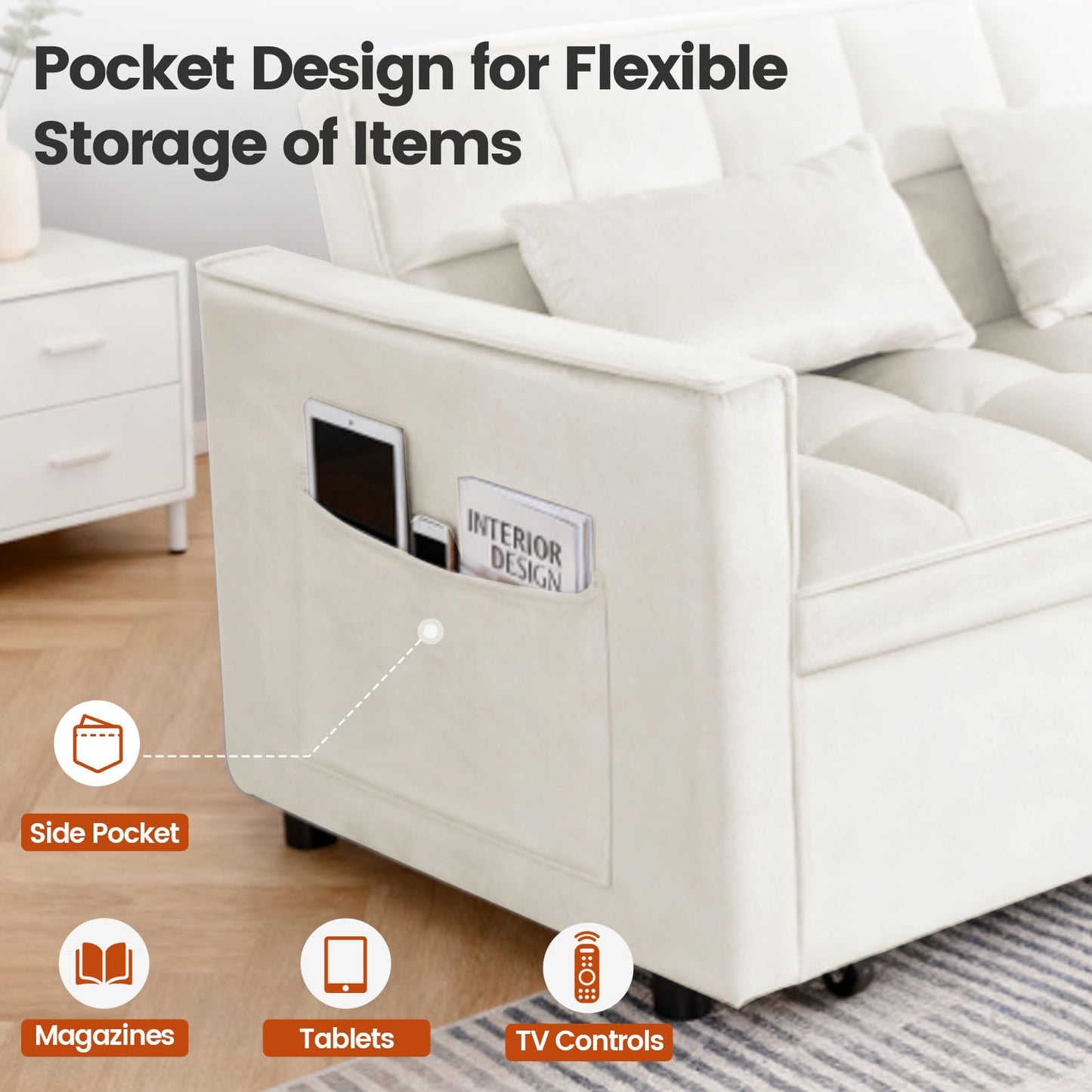 Trygoal 3 in 1 Convertible Sofa Bed, Loveseat Sleeper Sofa with Large Side Pockets, Pull Out Couch with Adjustable Backrest, Easy Assembly, Velvet Couch Bed for Small Spaces, Apartment, White