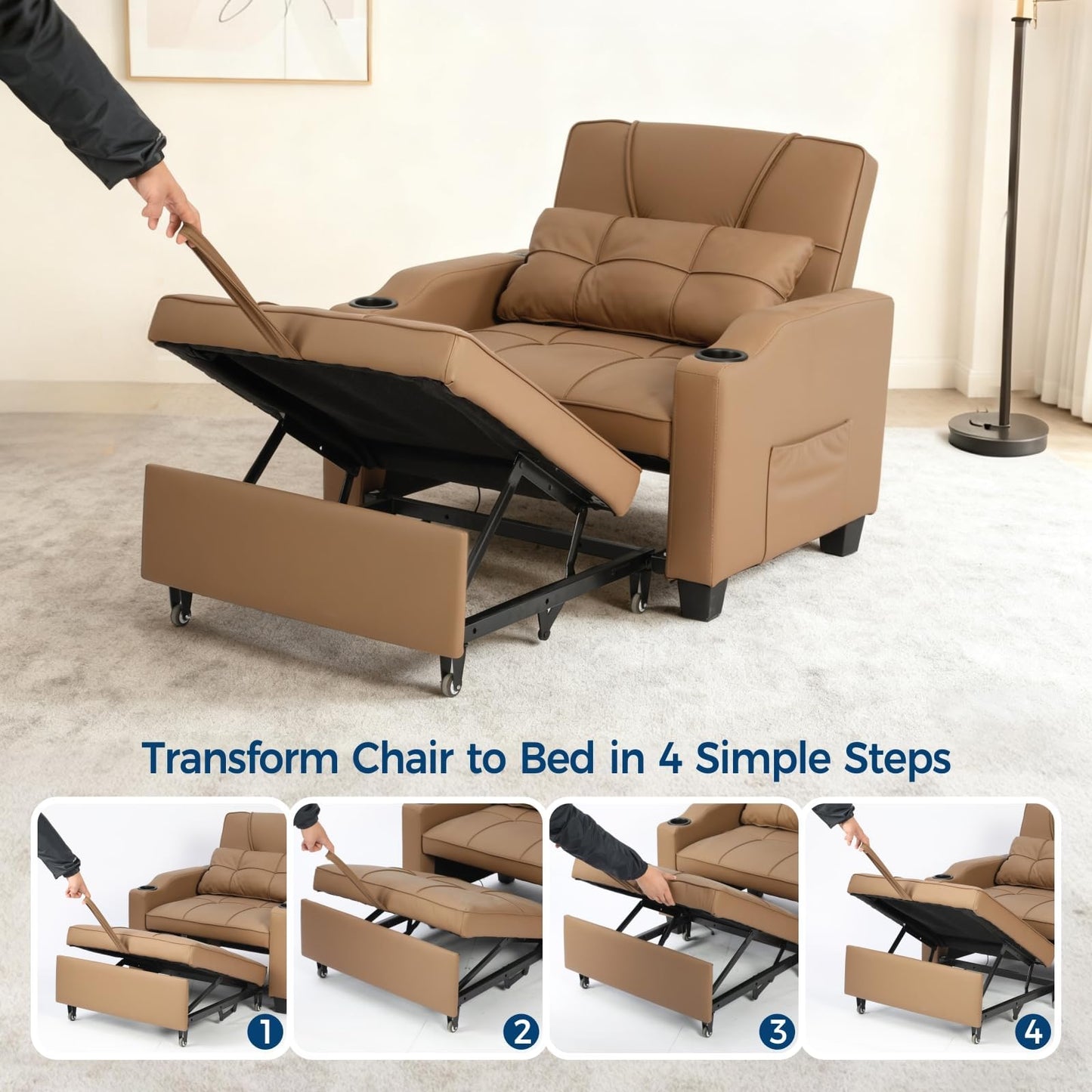 Sleeper Chair Pull Out Bed, 4 in 1 Convertible Sofa Chair Bed with Vibration Massage Lumbar Pillow, Single Sofa Recliner with USB/Type-C Port, Cup Holders and Side Pocket for Small Spaces (Brown)