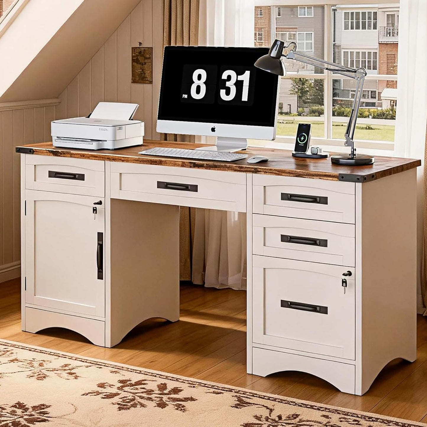 Decofy Farmhouse Executive Desk with Drawers, 55" Home Office Desks with Fast Charging Station, Lockable File Cabinet, Wood Writing Computer Desk for Work, Study, White