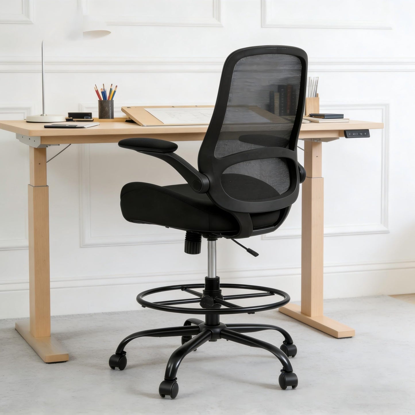 HYLONE 400lbs Big and Tall Heavy Duty Drafting Chair 5" Thickened Seat Tall Office Chair Flip-Up Armrests Ergonomic Chair with Lumbar Support and Adjustable Footrest Ring Standing Desk Chair (Black)