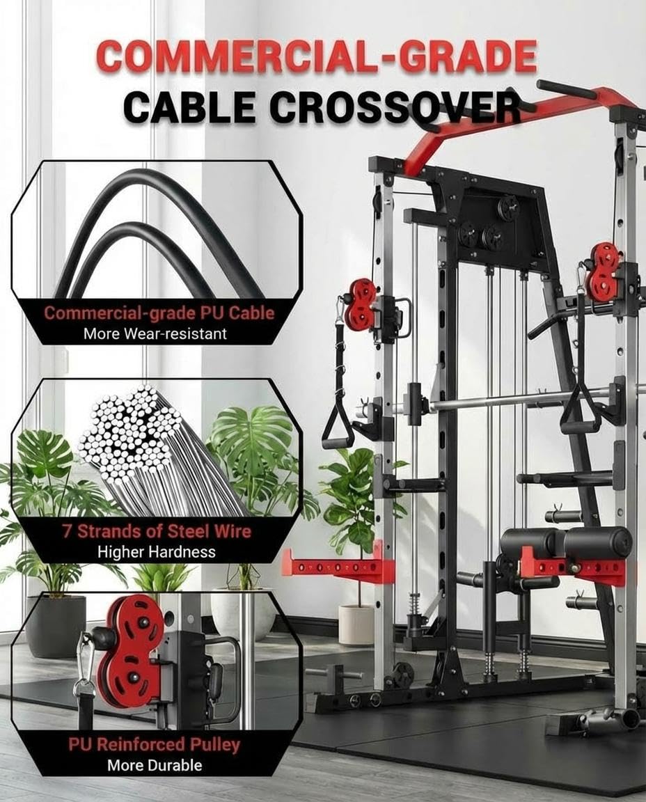 Smith Machine Home Gym All-in-1, 2200LBS Power Cage with Dual Cable Pulley Systems, LAT Pull-Down & Leg Hold-Down | Complete Strength Training Equipment for Full Body Workouts