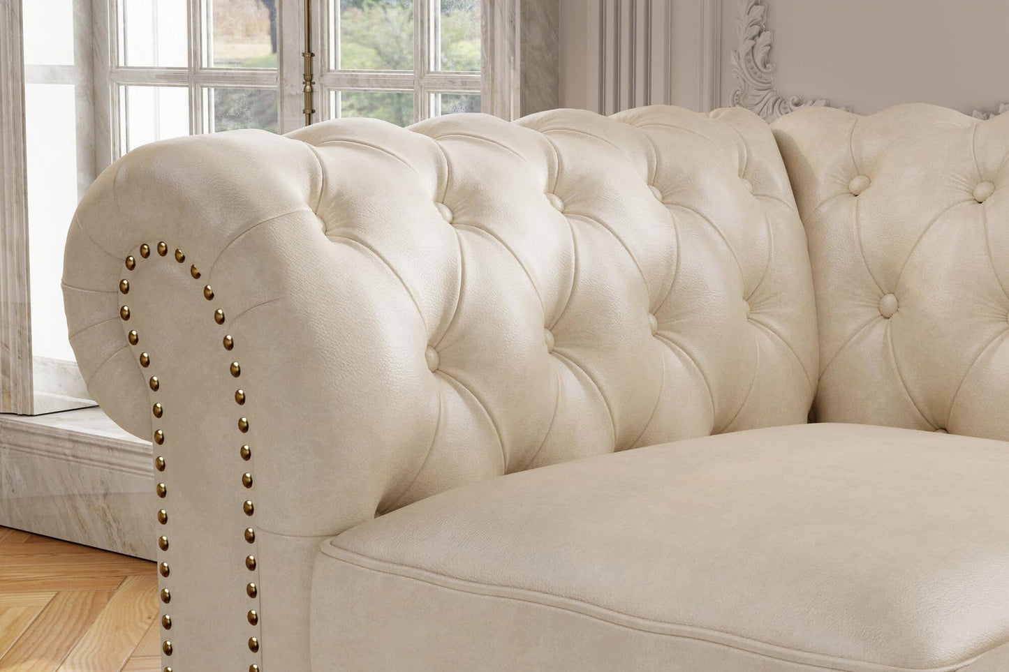 Valencia Parma Chesterfield Loveseat 64" | Premium Full-Aniline Leather | Mid-Century Accent Chair with Classic Button Tufted Back and Wood Legs for Living Room, Antique White