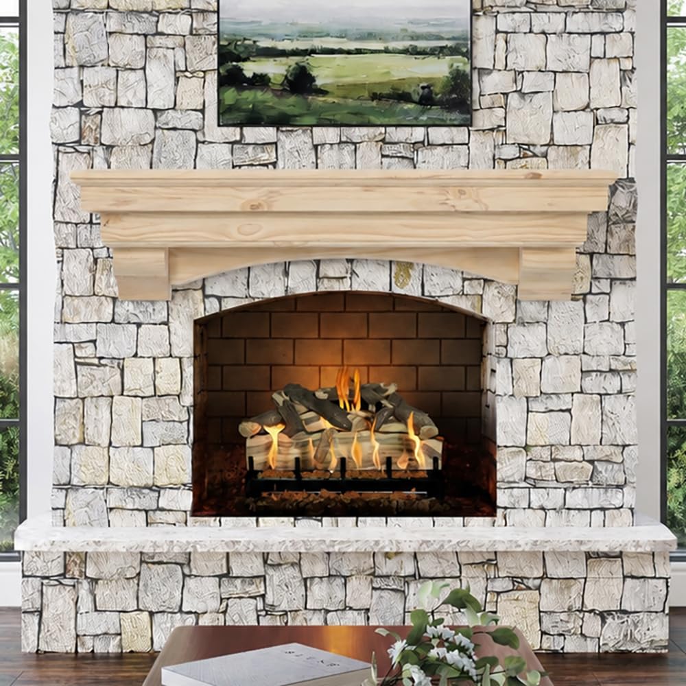 MANTELSDIRECT Salem Wood Mantel Shelf with Arched Corbels - Unfinished 60 Inch | Wooden Rustic Wall Mounted Shelf from Pine Wood - Perfect for Fireplaces, TVs & Décor