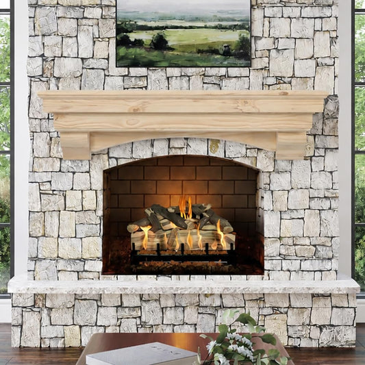 MANTELSDIRECT Salem Wood Mantel Shelf with Arched Corbels - Unfinished 60 Inch | Wooden Rustic Wall Mounted Shelf from Pine Wood - Perfect for Fireplaces, TVs & Décor