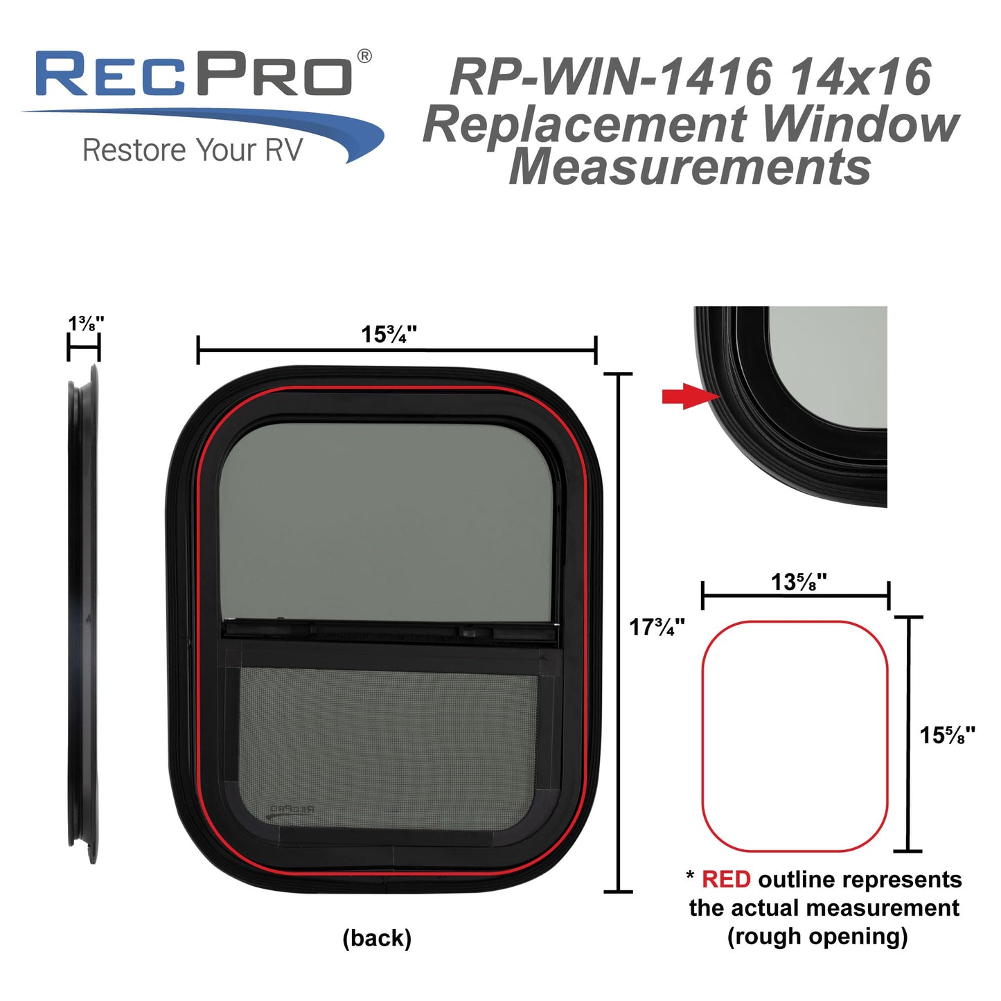 RecPro RV Window Replacement, Teardrop Style, Vertical Sliding, 14inW x 16inH, Black, Model RP-WIN, Made in USA