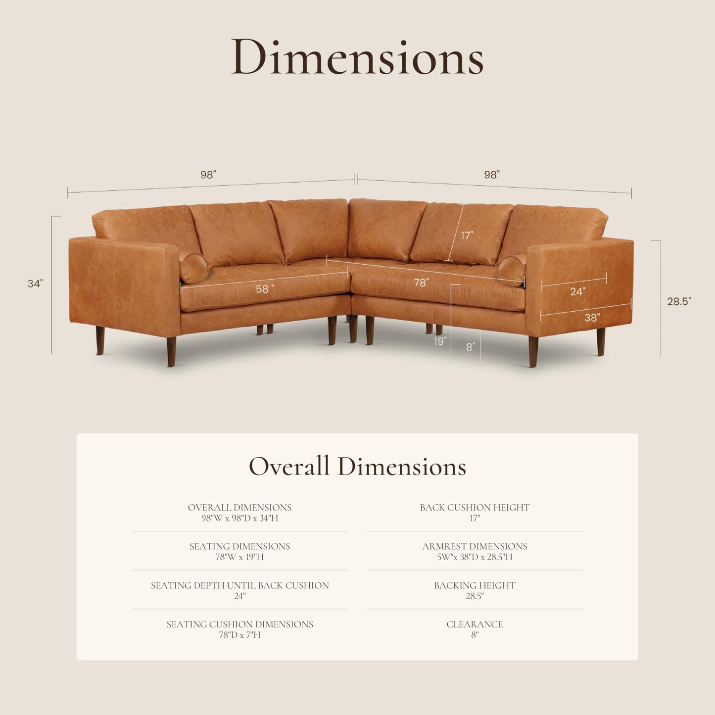 Poly & BARK Napa 98” Leather Corner Sectional Sofa – Full-Grain Italian-Tanned Aniline Leather, Feather-Down Comfort, Solid Wood Frame – Cognac Tan