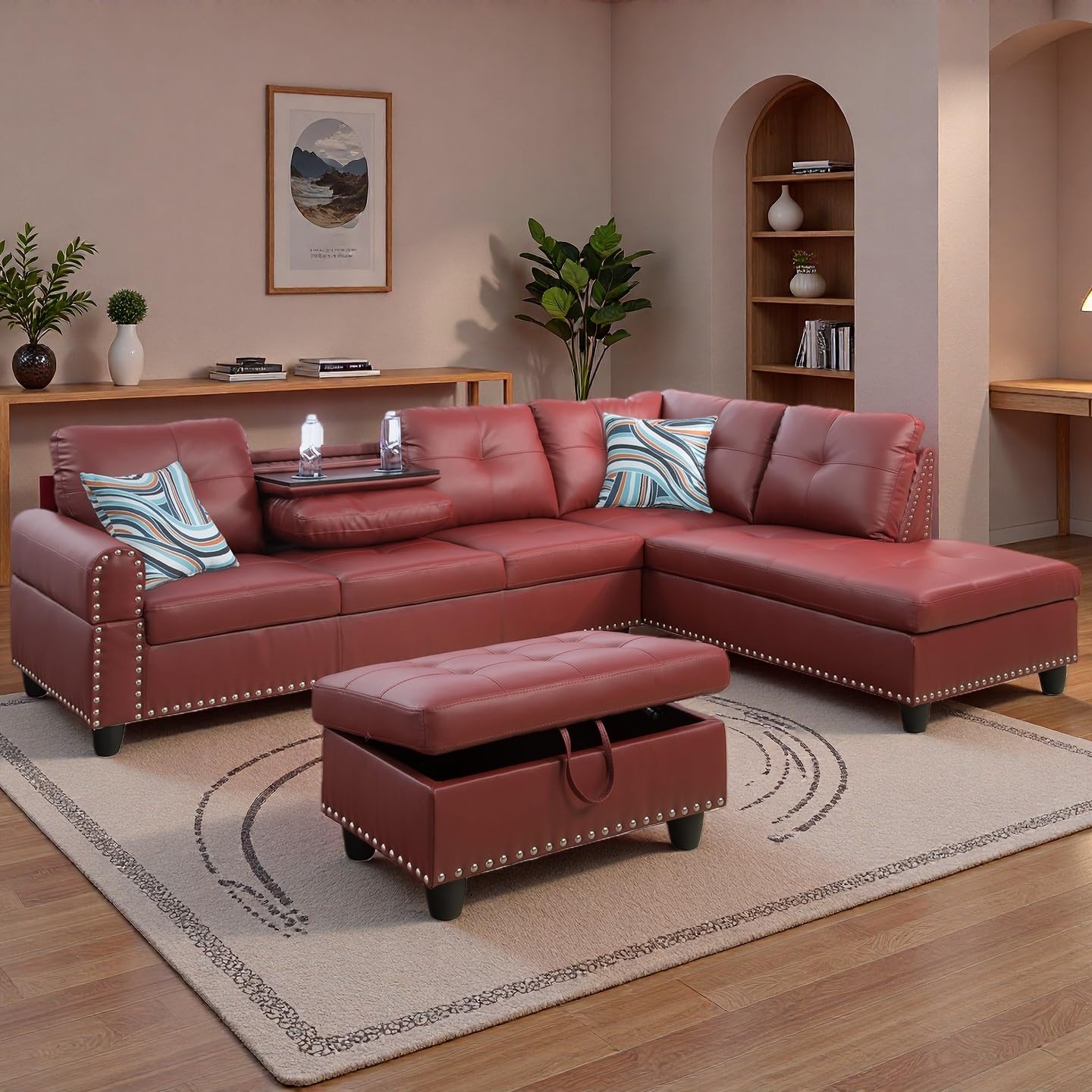 Topcomfy 97.5" L Shaped Couch Set, Modular Sectional Couches for Living Room with Storage Ottoman, 4 Seat Home Sofa Living Room Furniture Sets with Chaise for Apartment Office (Faux Leather, Red)