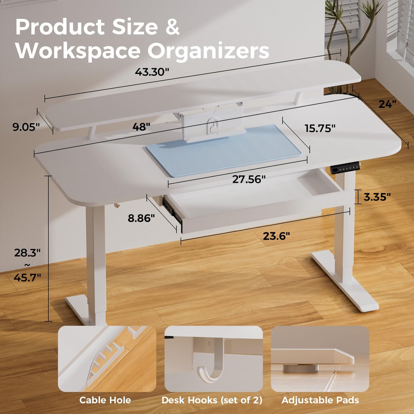 COMHOMA Electric Standing Desk with Drawers, 48 x 24'' Sit Stand up Desk with Monitor Stand, Laptop Stand, Height Adjustable Ergonomic Home Office Computer Desk with Memory Preset Controller