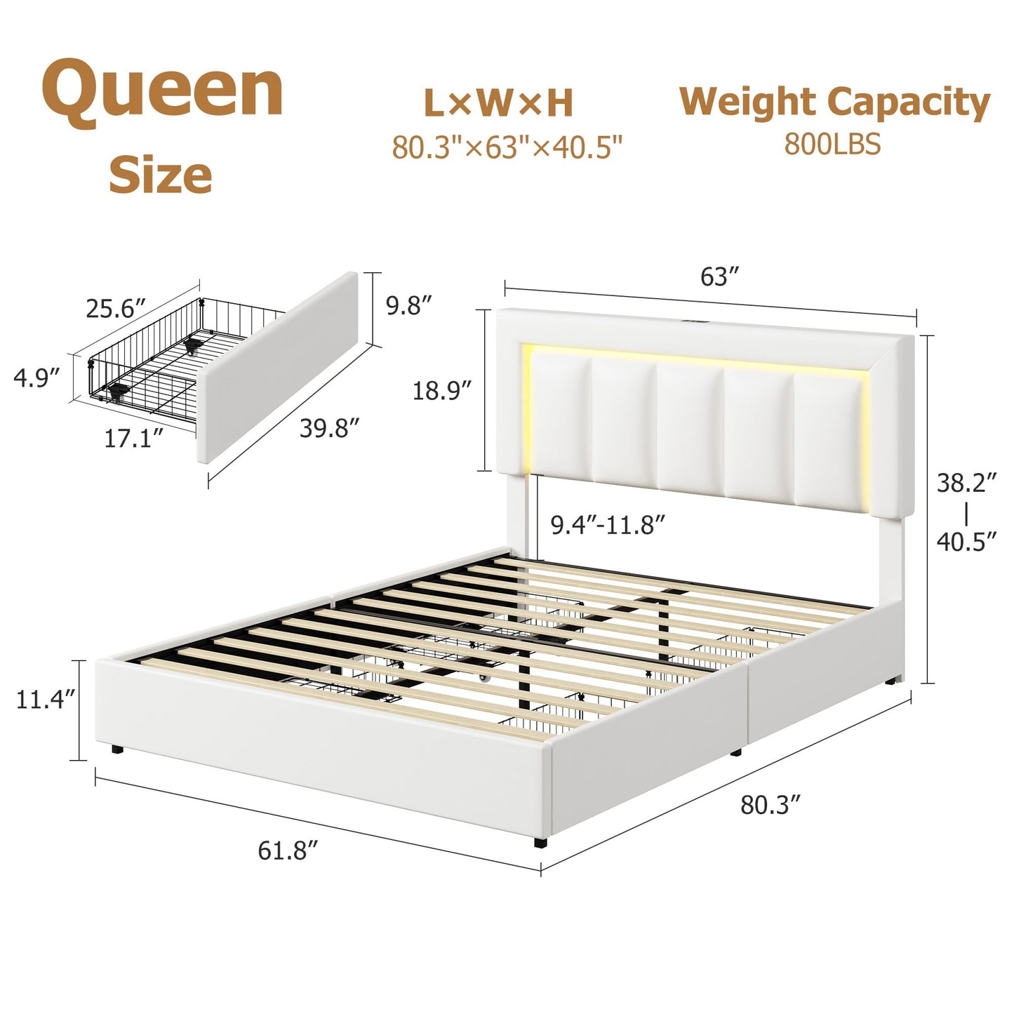Garvee Queen Size Storage Bed Frame with 4 Drawers, LED Lights, Charging Station, Adjustable Headboard, PU Leather Upholstered Platform Bed, Wooden Slats Support, No Box Spring Needed, White