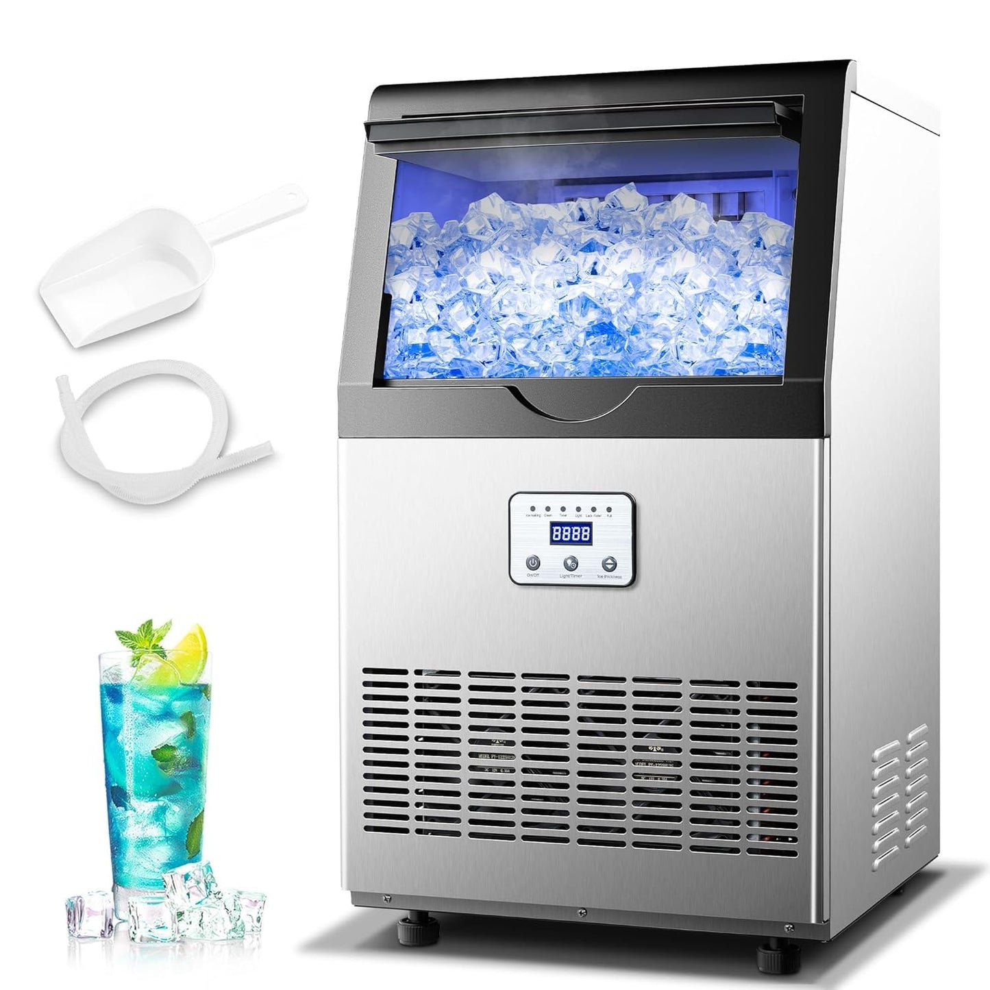 Zomagas Ice Maker,110LBS/24H Commercial Ice Machine Stainless Steel Ice Maker Machine with 25LBS Capacity,45 Ice Cubes in 12-15 Minutes,Self-Cleaning,Ideal for Restaurant,Bars,Home,Includes Scoop