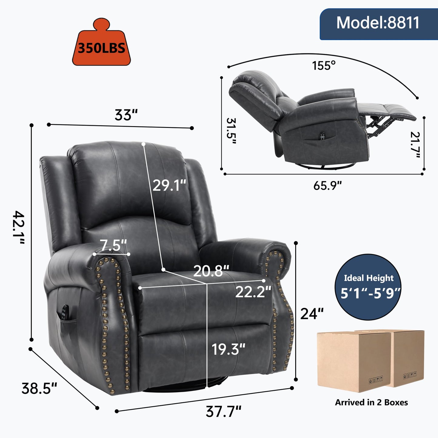 KEIKI Faux Leather Heat Massage Manual Recliner Chair with Square Arms and Cushion Back, for Elderly, Modern Style Oversized Swivel Reclining Sofa Chairs, Easy Assembly, for Living Room, Grey