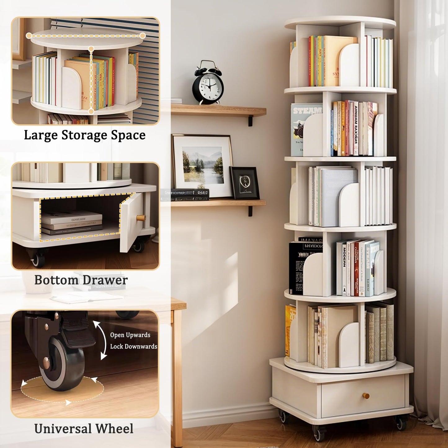 GDFStudio 6-Tier Rotating Bookshelf with Wheels & Drawer, 360° Spinning Round Display Organizer, Space-Saving Storage Tower for Living Room, Home, Office, White