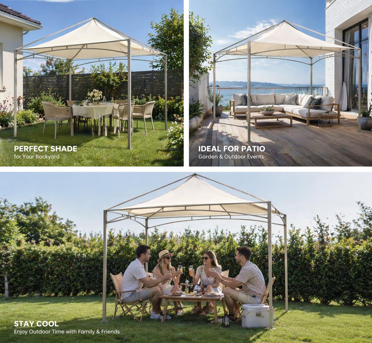 LAUSAINT HOME 10x10 Outdoor Shade Canopy Gazebo for Patio Lawn & Garden, UV50+ Sun Protection Gazebo with 180G Polyester Fabric, Sturdy Powder Coated Metal Frame, Includes 8 Ground Stakes, Beige