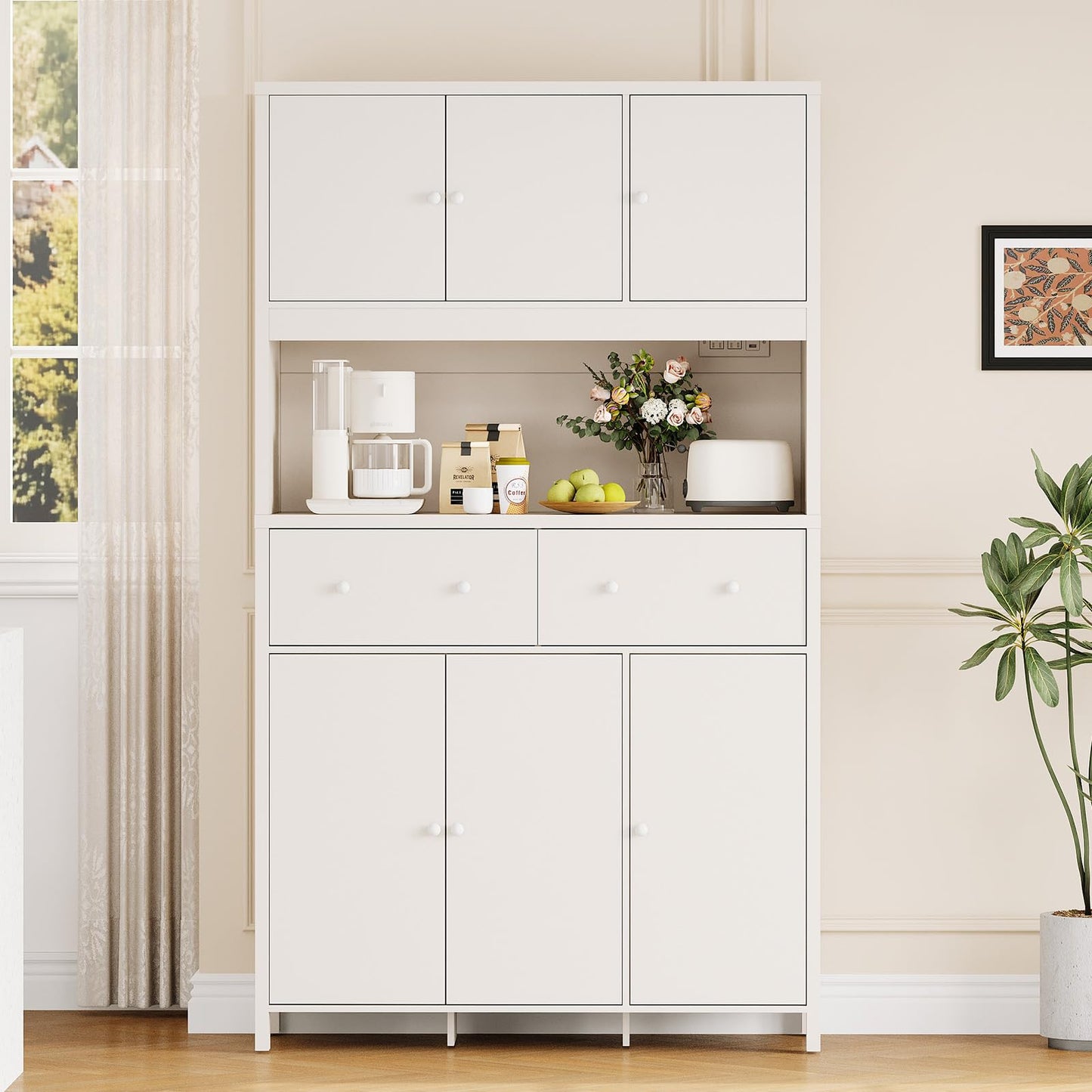 Garvee 71" H Pantry Cabinet with Charging Station, Tall Kitchen Pantry Storage Cabinet with Countertop, Modern Kitchen Hutch with Storage Drawers for Living Room, Dining Room, White