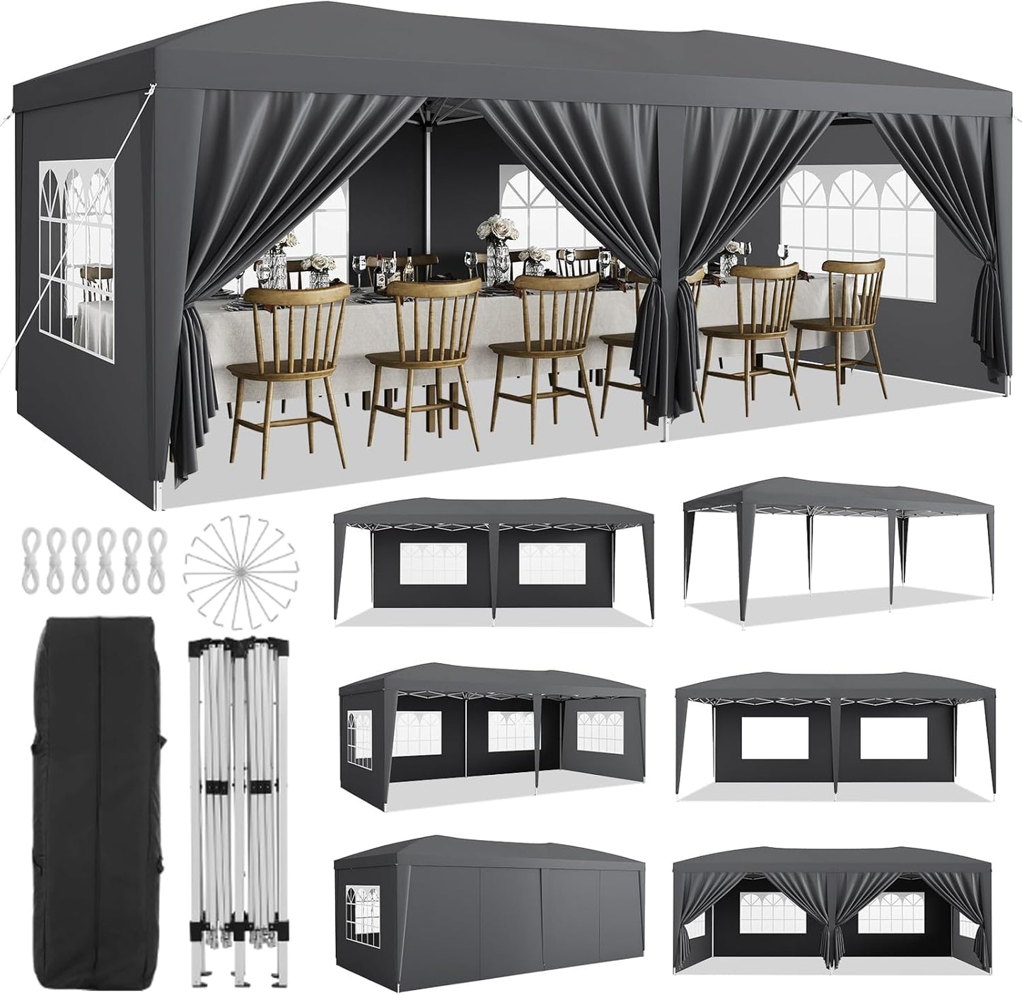IDEALHOUSE Pop Up Canopy Tent, 10x20 FT Easy Up Outdoor Gazebo with 6 Removable Sidewalls, 3 Adjustable Heights, Portable Party Tent for Backyard, Events, Patio, Parking