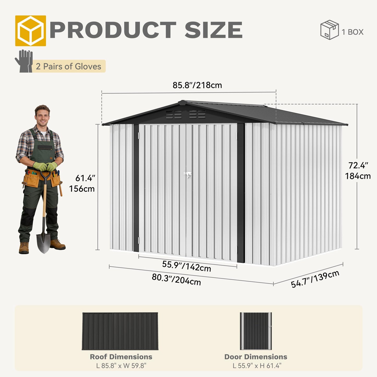 DWVO 7x5ft Metal Outdoor Storage Shed, Waterproof Tool Shed Heavy-Duty Storage Unit with Lockable Door and Vents, Ideal for Bicycles, Tools, Lawnmowers, Backyards, Patios, Lawns - White