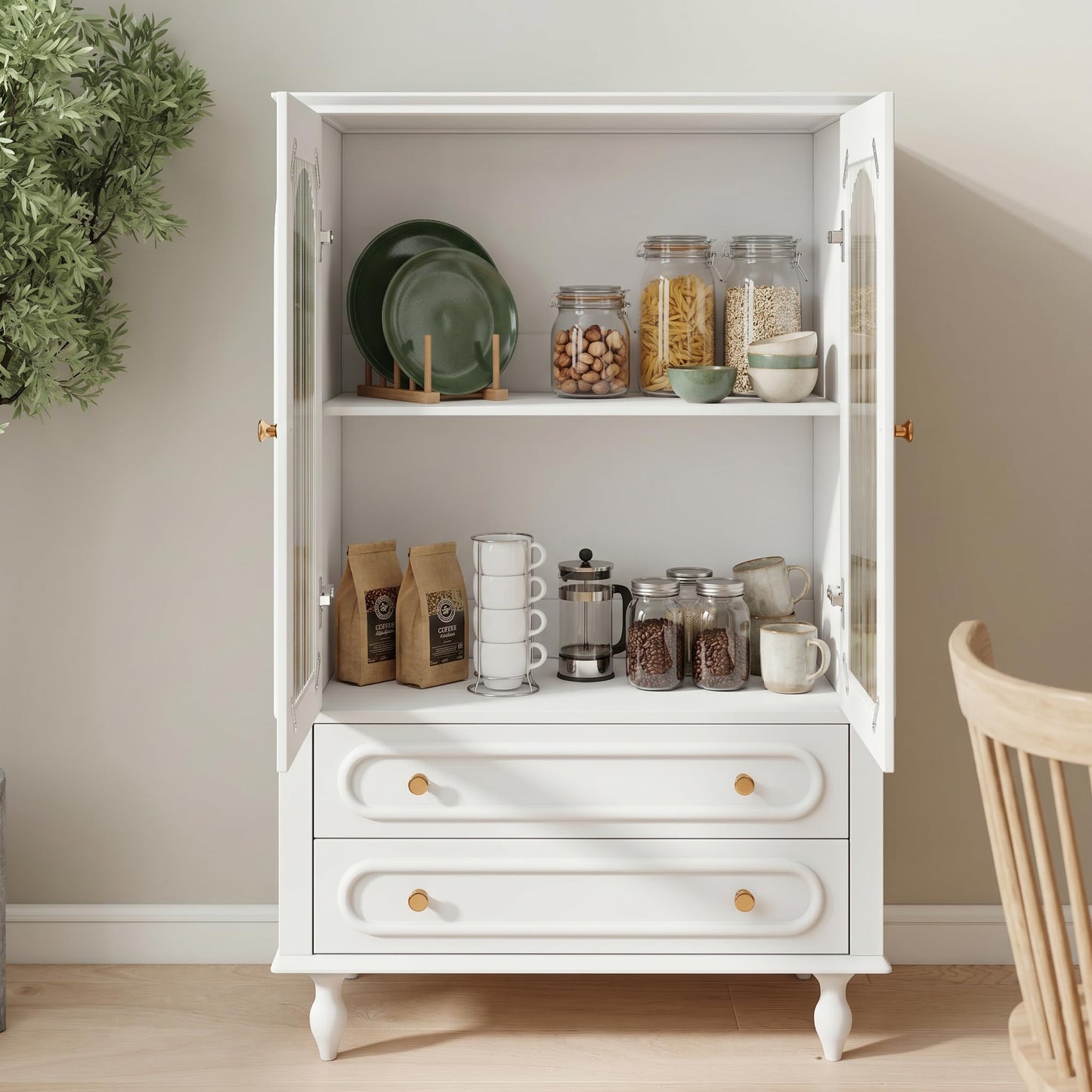 KEIKI Glass Display Cabinet with Ribbed Glass Doors, 46.5" Wooden Curio Cabinet with 2 Drawers & Adjustable Shelf, Freestanding Buffet Storage Unit for Living Room Dining Room Entryway, White