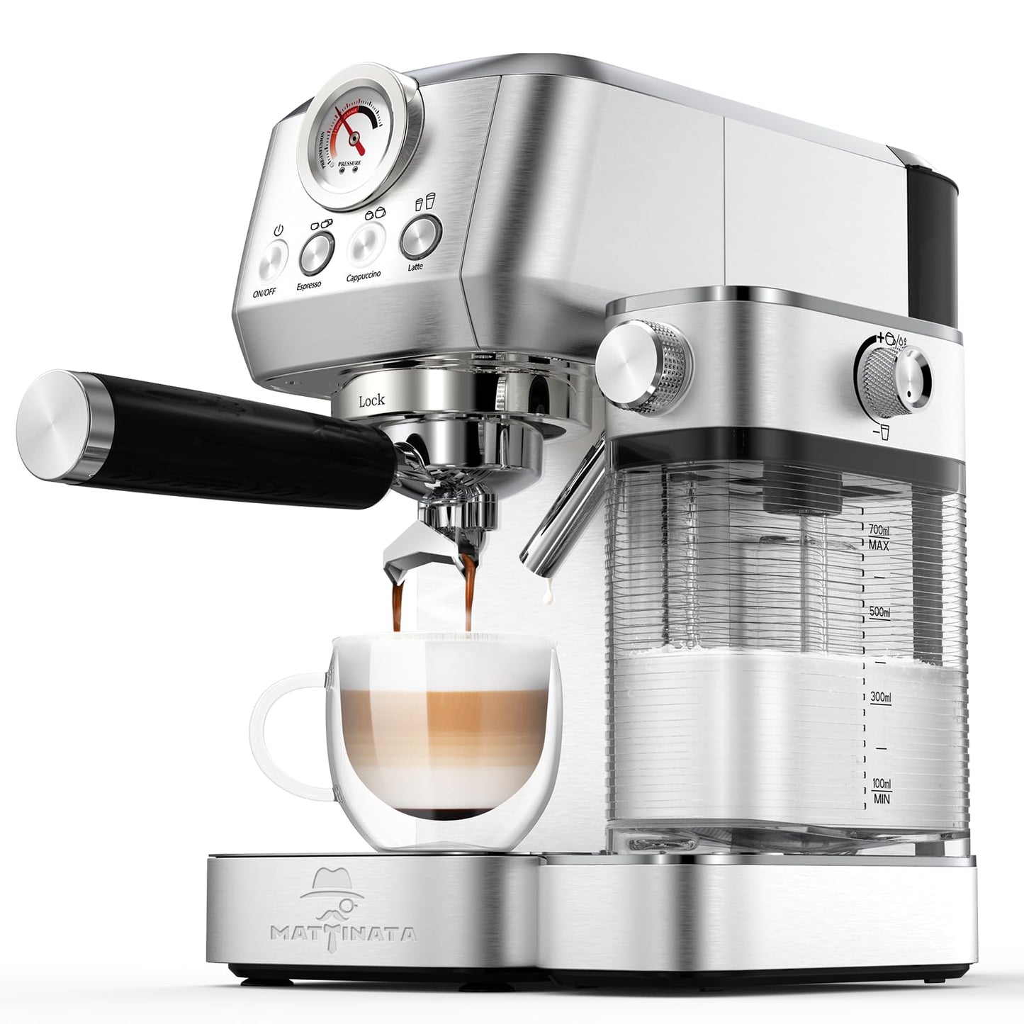 MAttinata Cappuccino Coffee Machine with Automatic Milk Frother, Compact Espresso Machine with Pressure Gauge, Stainless Steel Cappuccino Maker with for Home, Office