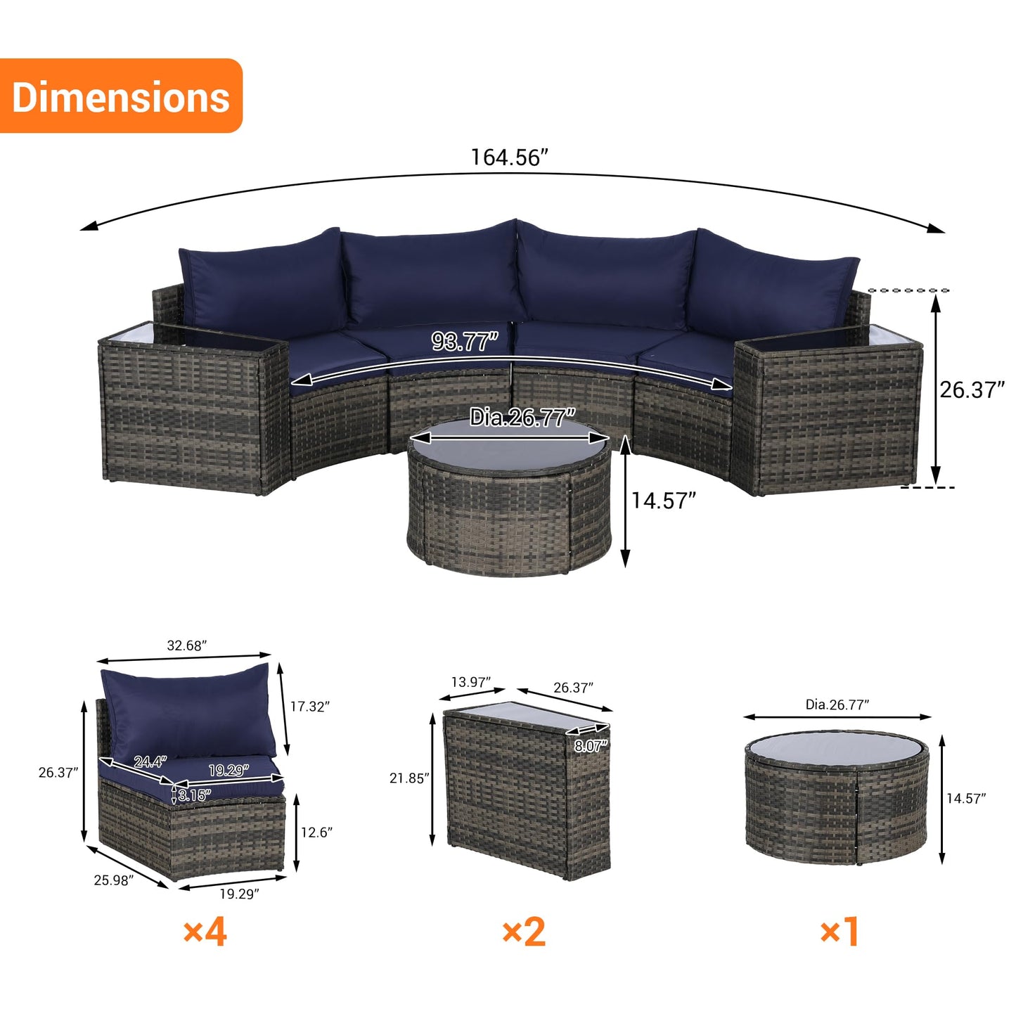 KEIKI Outdoor Patio Furniture 7-Piece Half-Moon Curved Sectional Sofa Set, All-Weather Wicker Patio Conversation Set with Round Coffee Table and 2 Storage Armrests for Poolside Backyard, Dark Blue