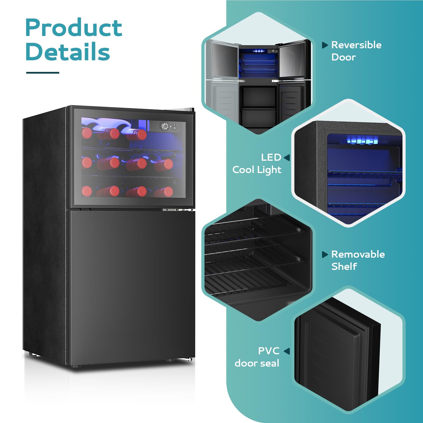 EUHOMY Double Door Mini Fridge With Freezer, Freestanding Wine Cooler Refrigerator With Reversible Door, Compact Refrigerator Temperature Control, Wine Fridge Perfect For Kitchen Home Office.