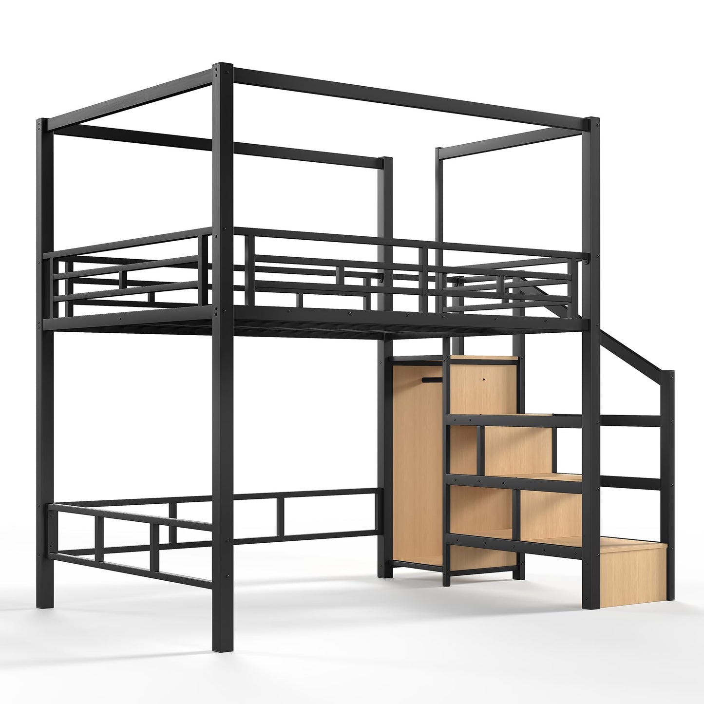 Bellemave Full loft Bed with Storage Stairs, Wardrobe, Canopy Support Pole, Metal Full Loft Bed Frame for Adults, Kids, Teens, Canopy can be Disassembled, Black+Natural Wood