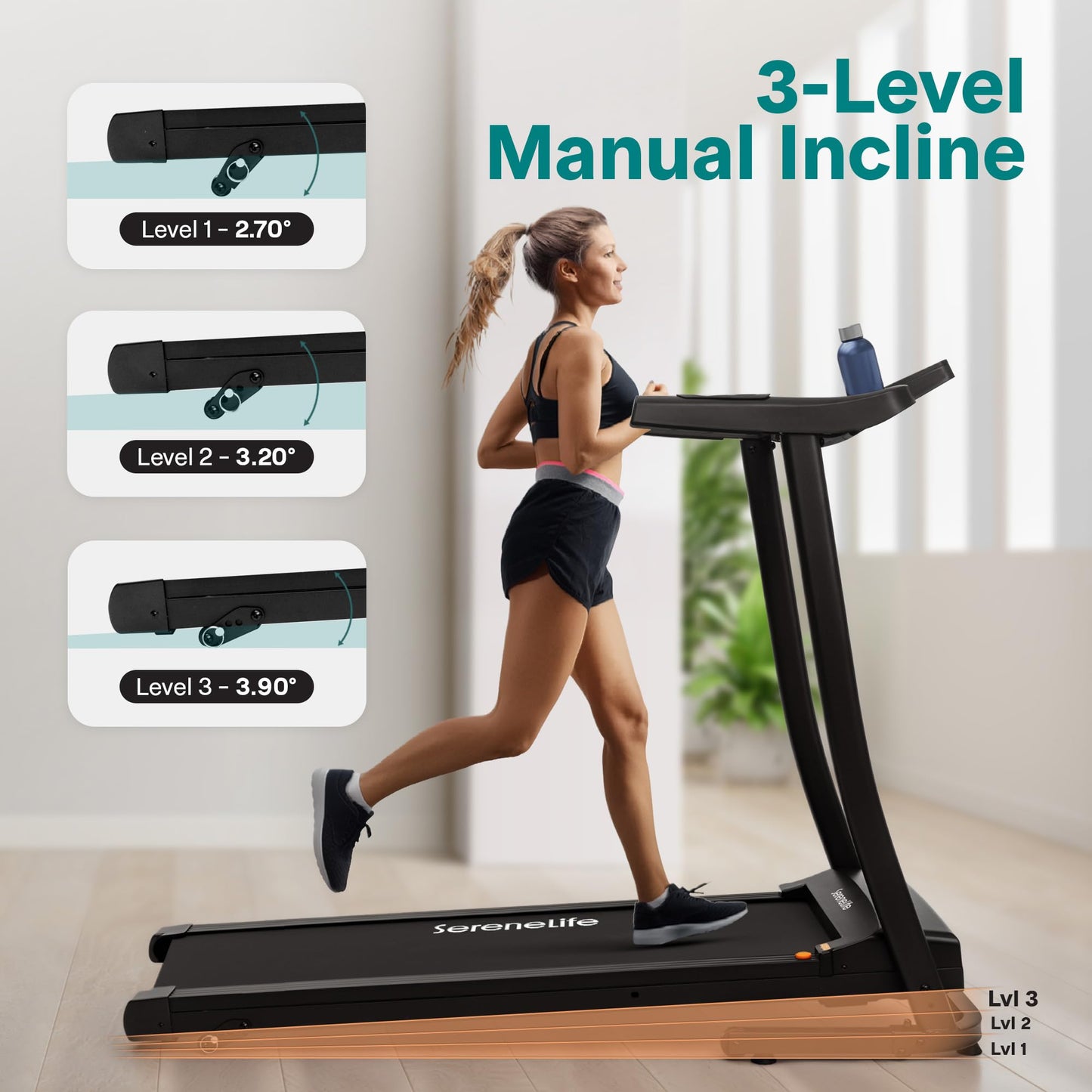 SereneLife Treadmill with Incline & Handle Bars | Compact Portable Walking Pad & Treadmill for Home/Apartment | Wide Running Belt 40" x 16" | Includes Workout Trainer Program with Bluetooth App