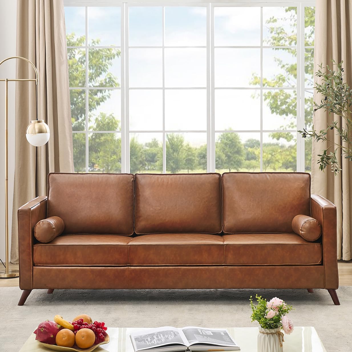 GarveeLife 81" Mid Century Modern PU Leather Sofa, 3 Seater Couch with Deep Seat & Cushions, Faux Leather Living Room Sofa for Apartment, Bedroom, Office, Brown