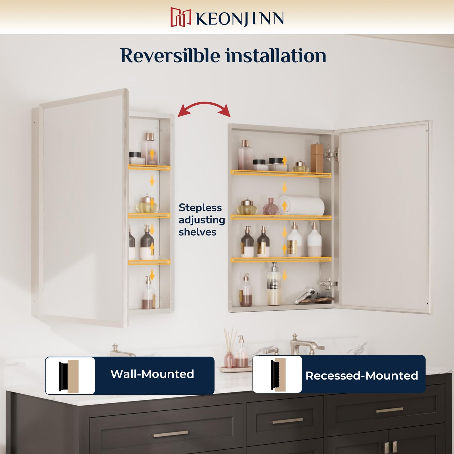 Keonjinn Medicine Cabinet Mirror 30" x 26", Brushed Nickel Bathroom Mirror with Storage, Assembly Needed