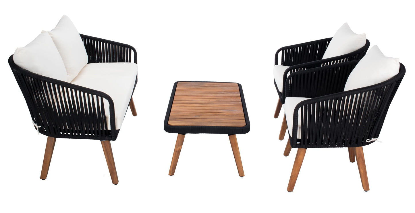 SAFAVIEH Outdoor Collection Ransin Black/Beige/Natural Solid Wood 4-Piece Conversation Patio Set