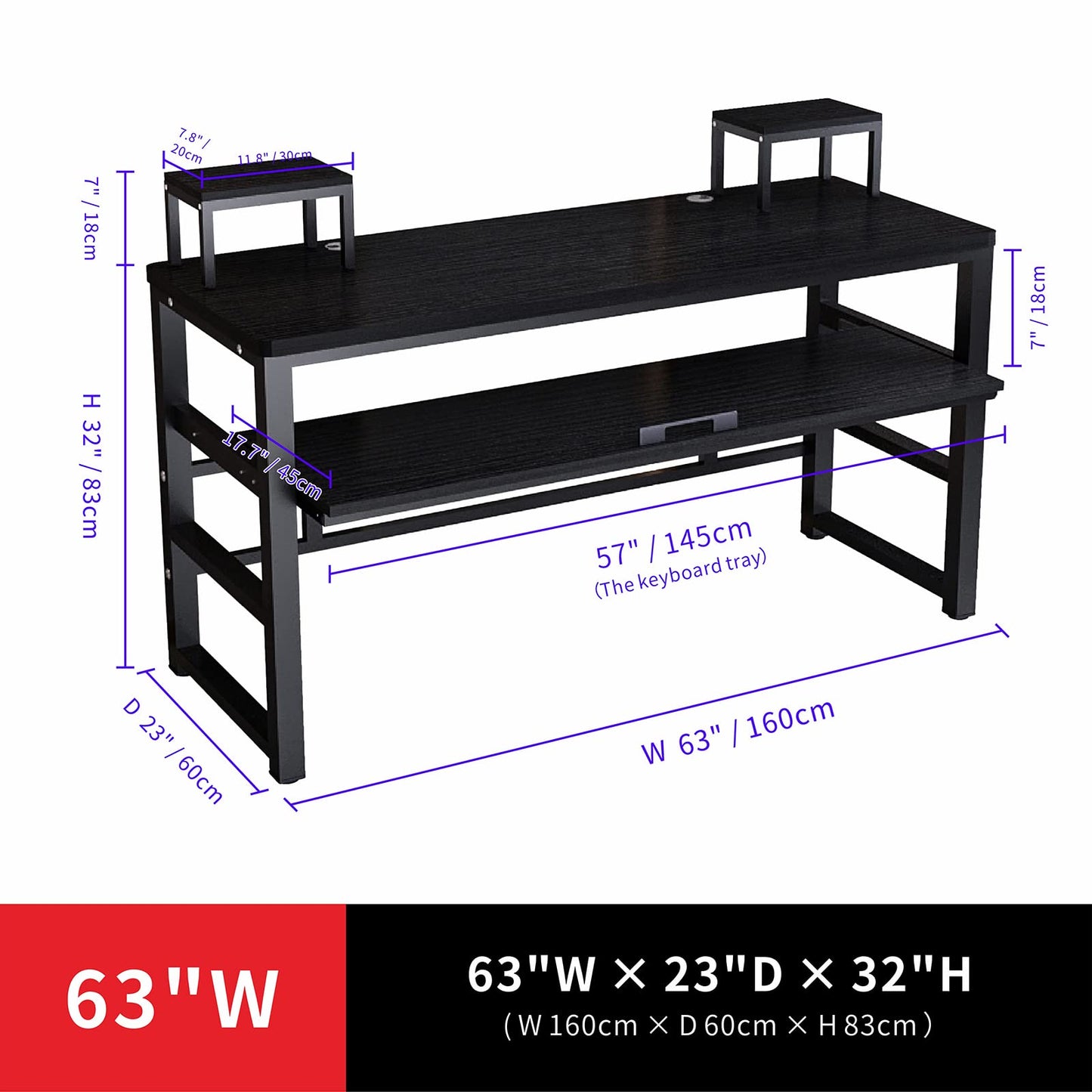 Zreephy Music Studio Recording Desk with 1 Piano Keyboard Tray, Music Production Workstation, Home Office Furniture Wooden Table (Black Board + Black Frame, 63 inches)