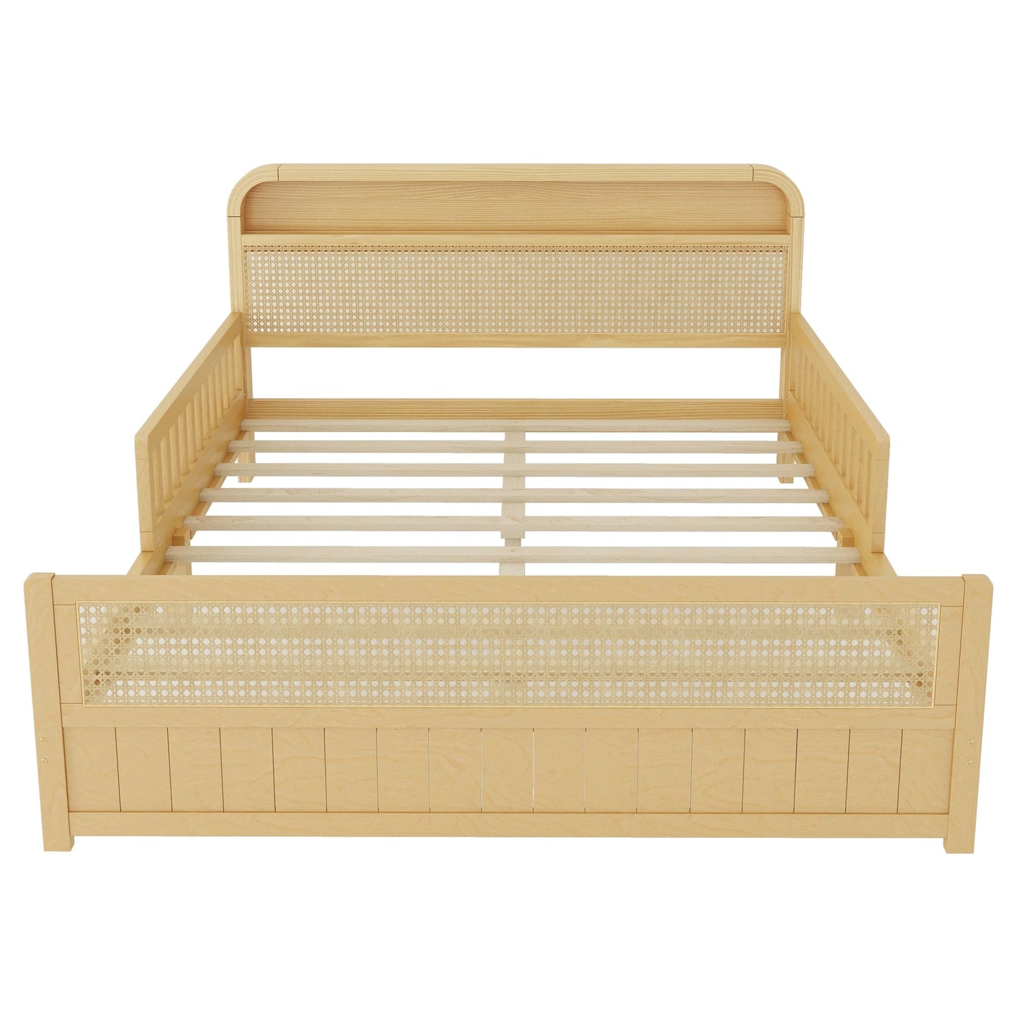 KEIKI Full Size Pine Wood Platform Bed Frame with Storage Headboard & Footboard, for Boys & Girls, Rattan Bed with Solid Slat & Guardrails, No Box Spring Required, Easy Assembly, for Bedroom, Natural