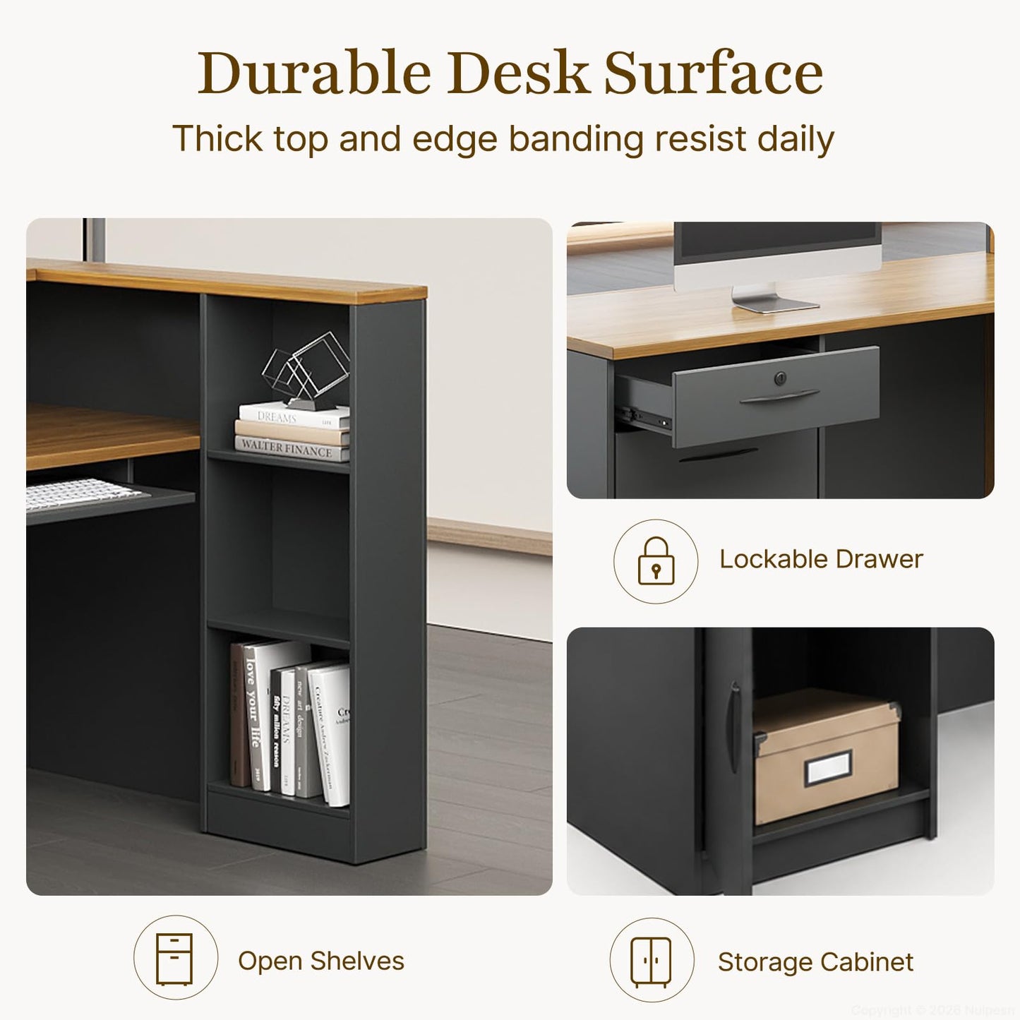 Nuipesn 94" Modern L-Shaped Reception Desk, Front Desk Counter with Drawer, Keyboard Tray and Storage Shelves, Right Layout, Dark Walnut