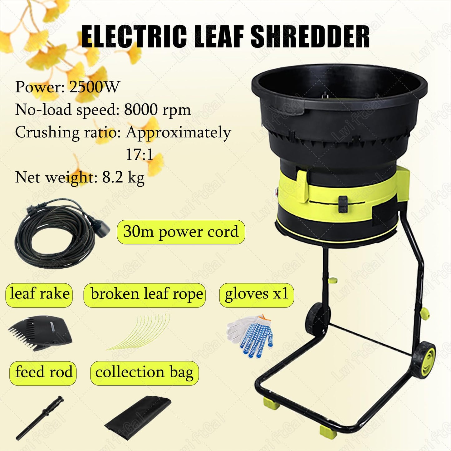 LwiftGal Garden Leaf Crusher with Wheels and Storage Bag, Electric Leaf Mulcher Compost Shredder 2500w, 8000rpm Electric Chipper for Yard Cleanup, Composting 30mpowercord