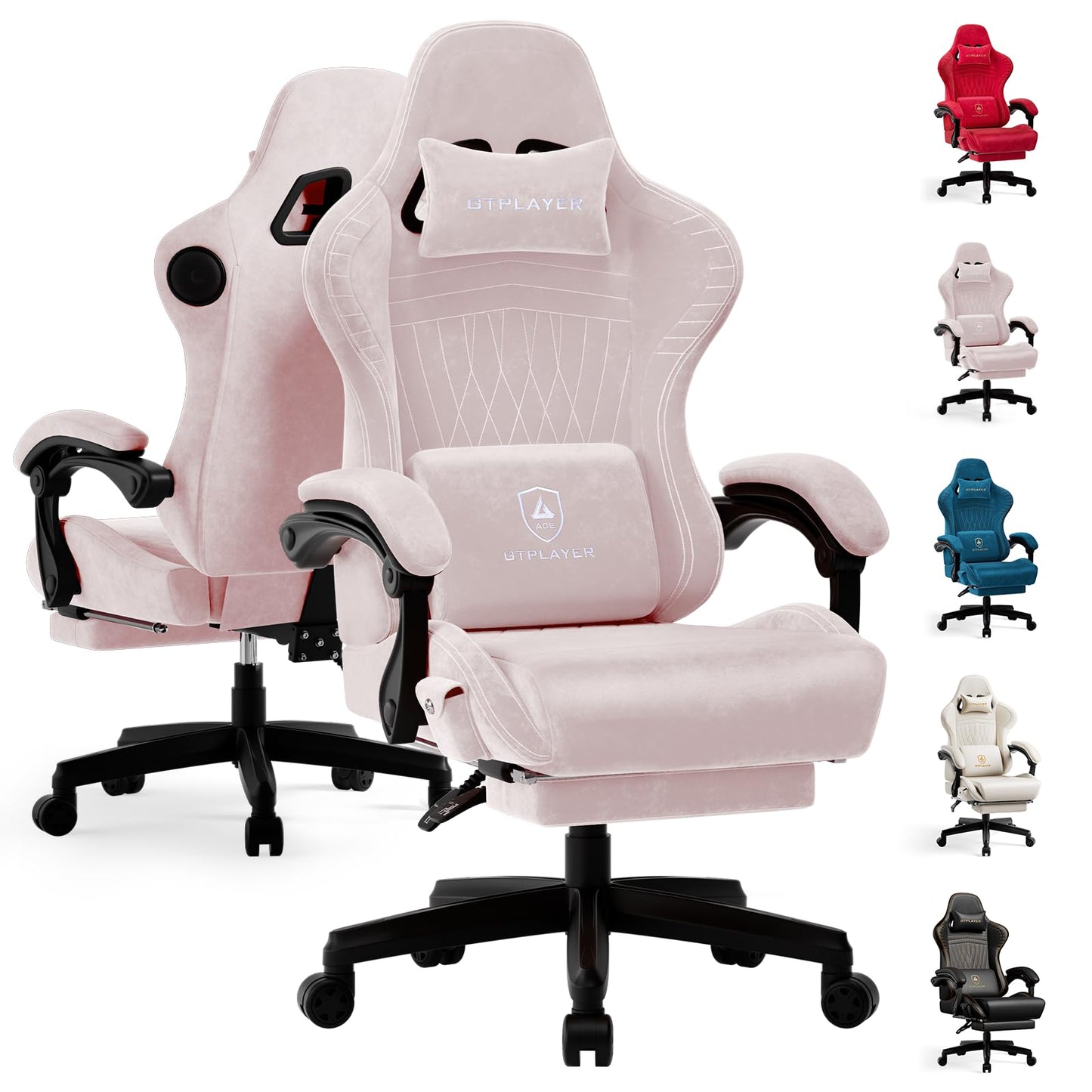 GTPLAYER ACE-PRO Music Gaming Chairs – Built-in Speakers, App Support & Bluetooth Control, Computer Game Chairs with Footrest for Adults, Ergonomic Reclining Silla, Linkage Armrest, Pink 【Velvet】